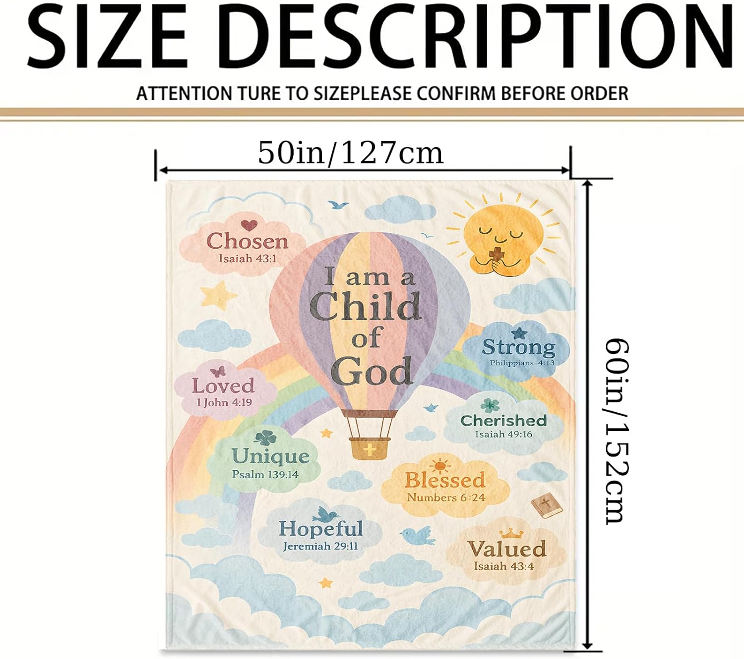 I Am a Child of God Christian Throw Blanket Gift, Inspiring Scripture Bible Verse Nursery Decor, 50'' x 60'', Baptism First Communion Confirmation Birthday Christmas Baby Shower - Image 3
