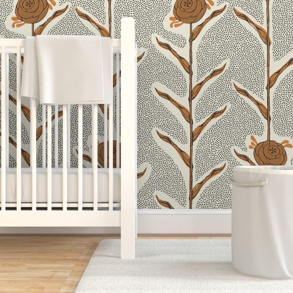 Spoonflower Peel & Stick Wallpaper 3ft x 2ft - Botanical Peony Cream Charcoal Golden Flower Nature Leaf Custom Removable Wallpaper