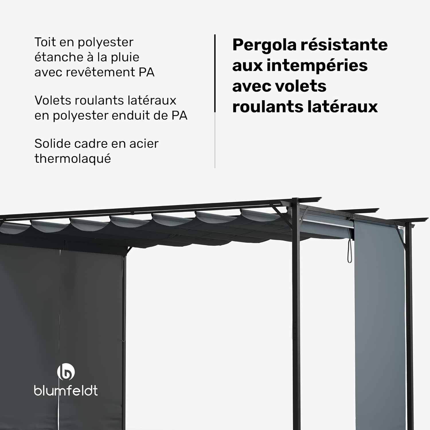 Diagram showing pergola features: waterproof roof, side blinds, and steel frame