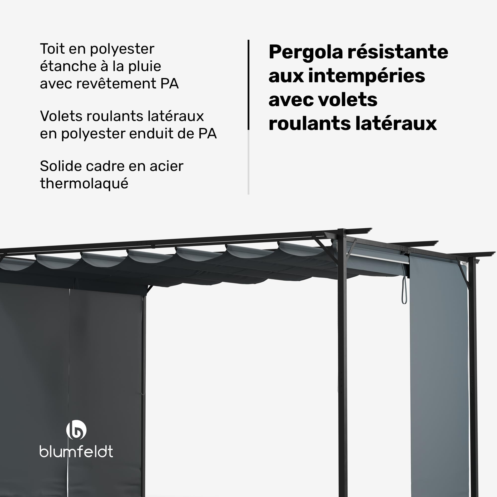 blumfeldt Pergola 3x4 m, Pergola 4x3 avec Toit en Polyester Résistant & Stores Latéraux, Armature en Acier Thermolaqué, Montage Facile, Utilisable Toute l'Année