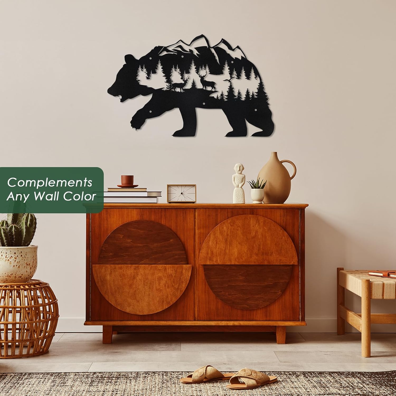 Sanwarm 3 Pieces Metal Bear Farmhouse Wall Decor, Black Abstract Mountain Wall Art Decors Forest Pine Tree Animal Deer Modern Rustic Hanging Decoration for Home Bathroom Living Room Bedroom Office