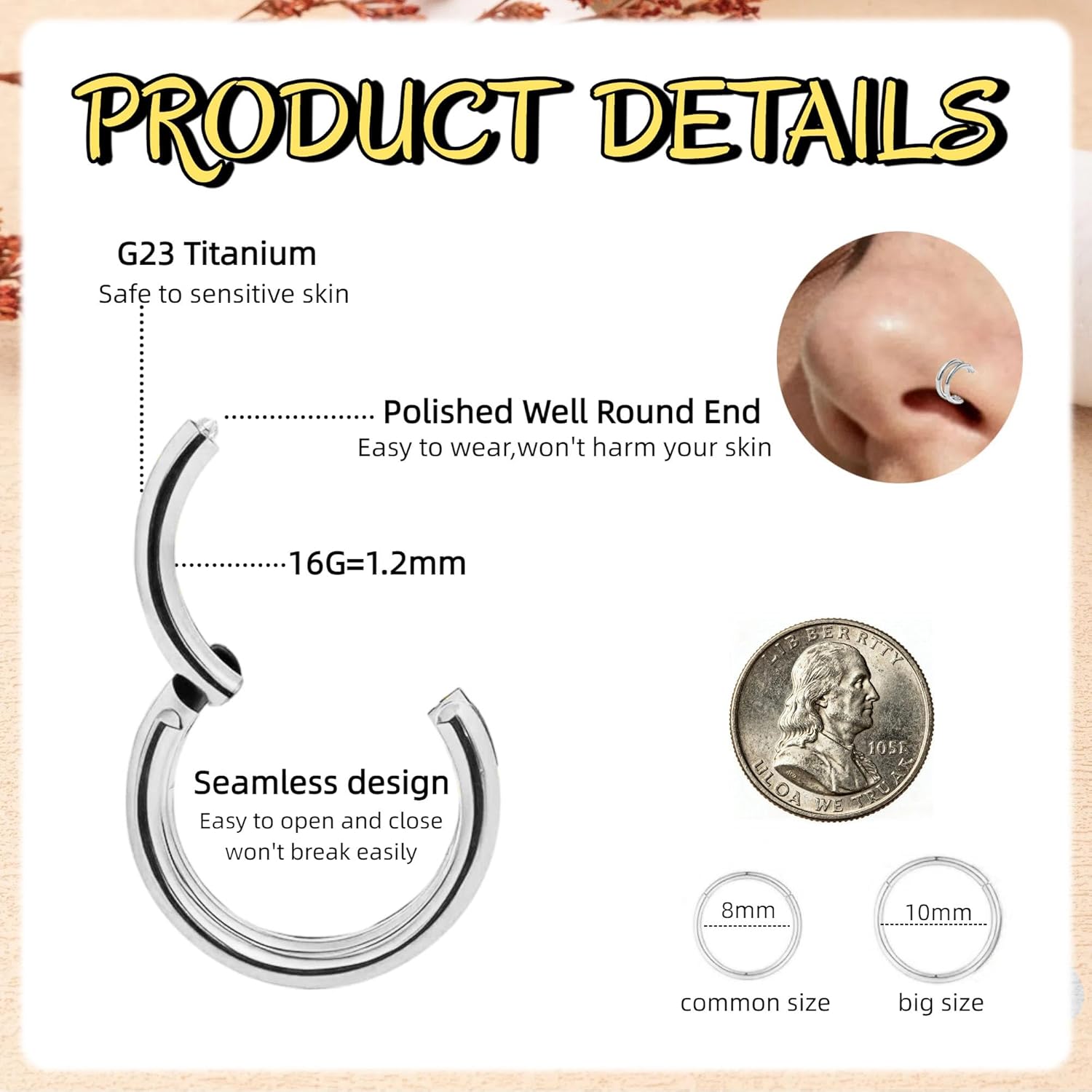 G23 Titanium Cartilage Earring Hoop Conch Piercing Jewelry 16G CZ Double Hoop Nose Ring Hinged Clicker Septum Rings for Women Men - Image 2