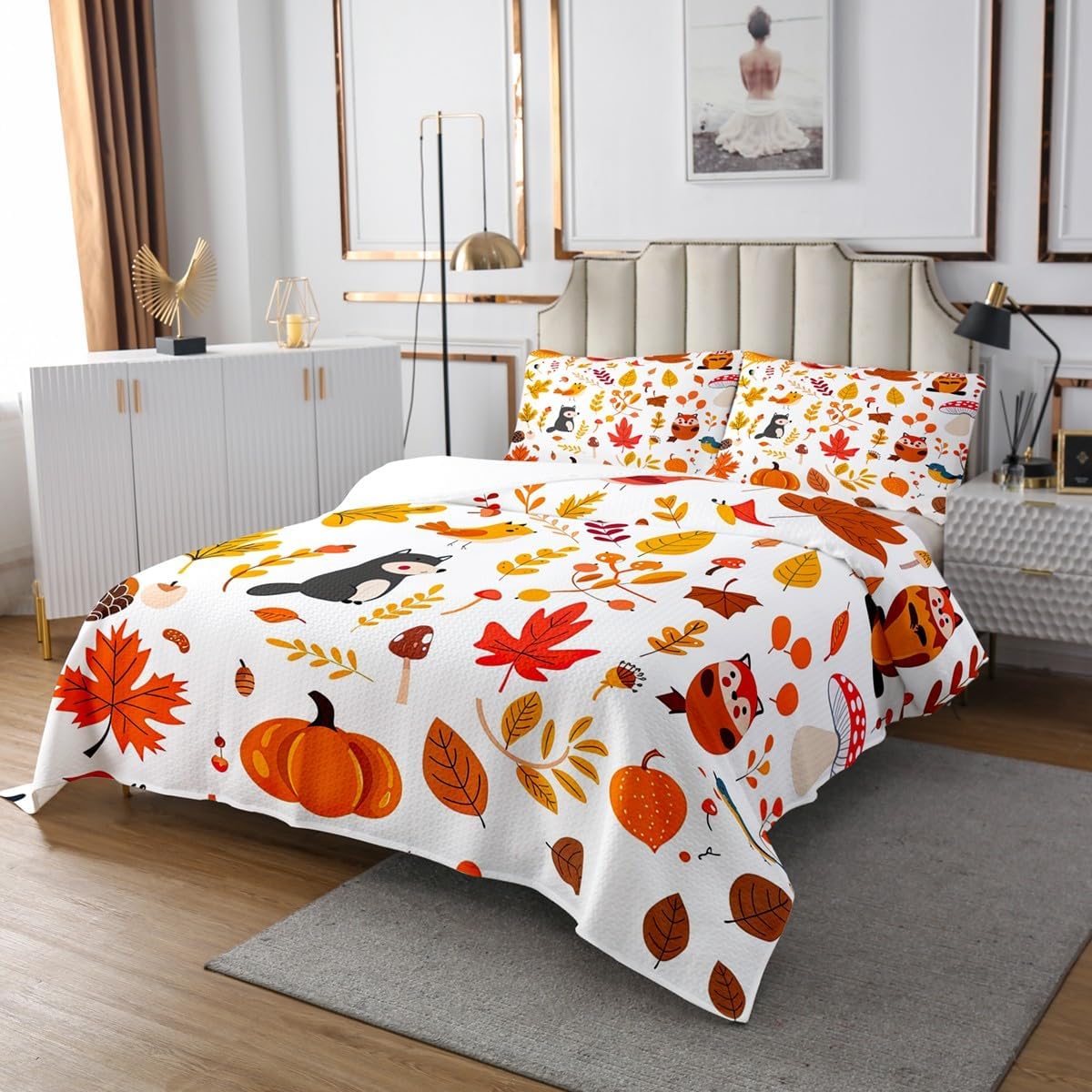 Feelyou Kids Fox Bedspread Twin Size Fall Pumpkin Coverlet Set for Boys Girls Teens Decor Birds Quilted Coverlet Happy Fall Y'all Quilted Bedroom Leaf Quilt Set 2Pcs