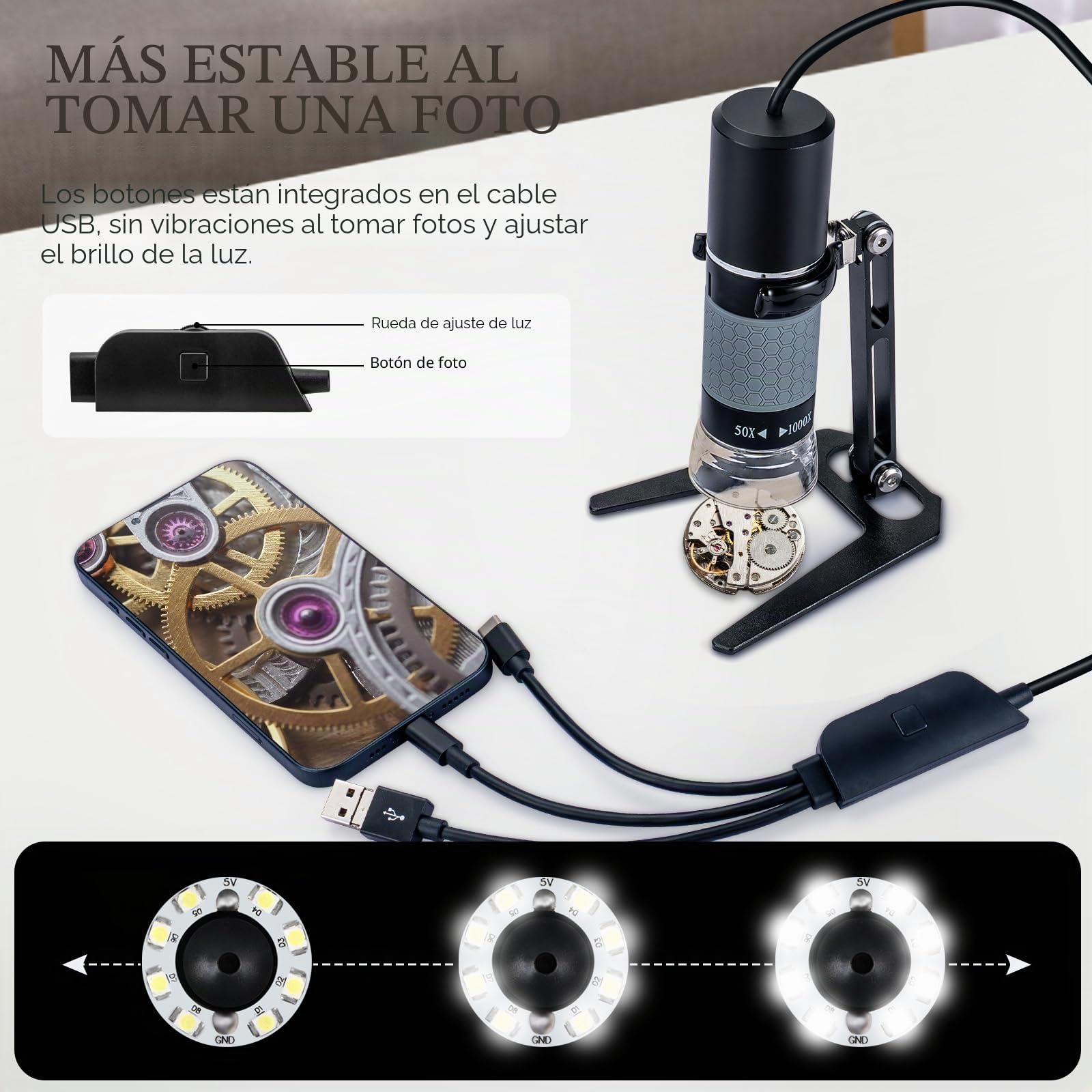 Microscopio USB para iPhone, Android, tableta y Windows Mac PC | Cámara microscopio digital con cable HD 1080P para adultos y niños, conector 4 en 1, sin conductor