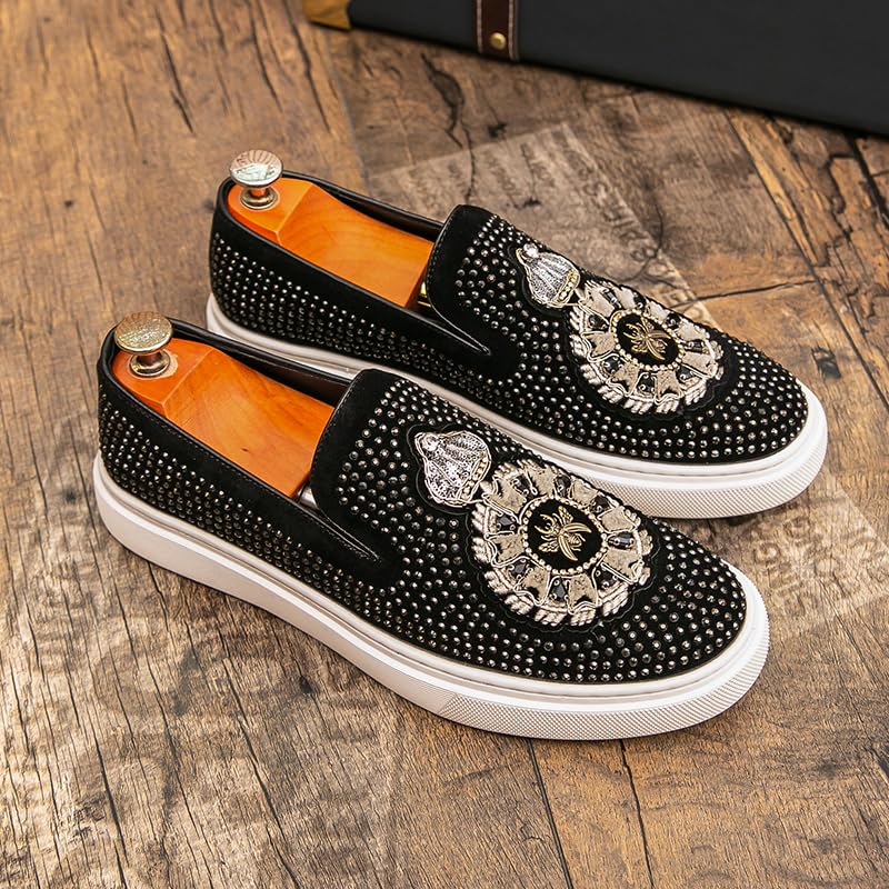 2025 New Men Tide Leather Casual Shoes Fashion Luxury Embroidery Twinkling Rhinestone Flat Shoes Leisure Sneakers Loafers2