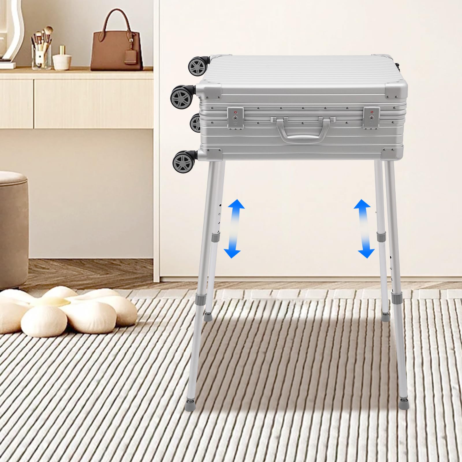 Walizka na kosmetyki 3 w 1, walizka na kółkach, 24", zamykana aluminiowa walizka na kosmetyki z rolkami, regulowanymi nogami, lustrem i oświetleniem LED, przenośny organizer do makijażu dla
