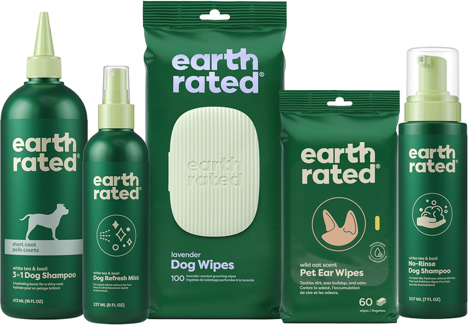 Earth Rated Short Coat Essentials - Dog Shampoo, Grooming Wipes, Refresh Mist, Ear Wipes & No-Rinse Shampoo