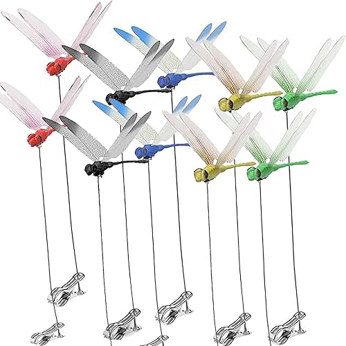 10 clips de libélula falsa, concepto natural y orgánico, disuasorio de moscas de ciervos y caballo, estacas de libélula con palos, libélula 3D para