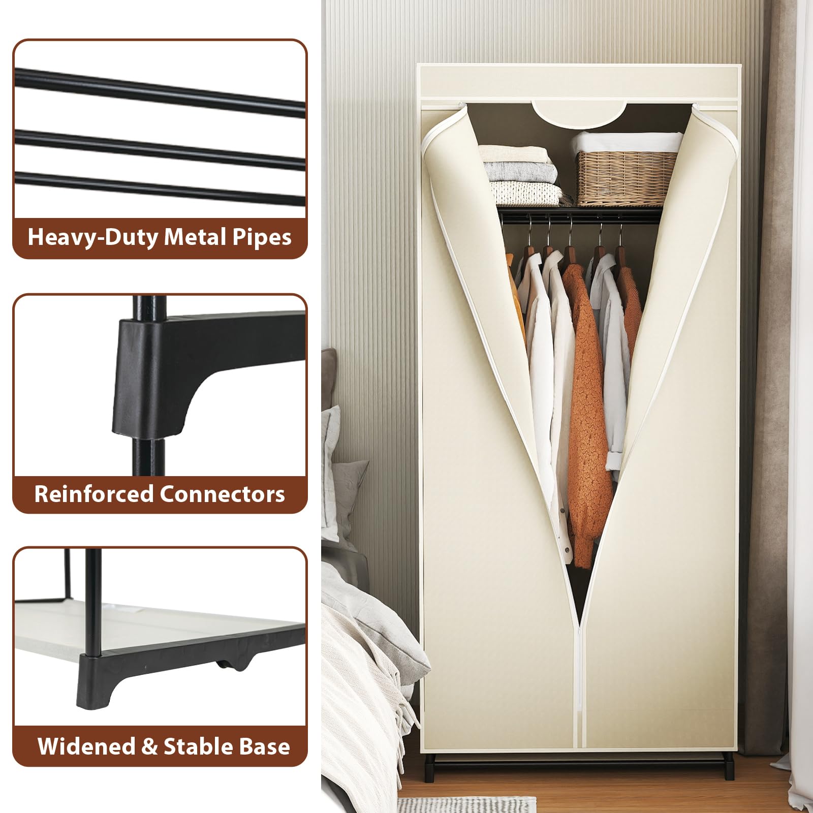HOMASIS Armario de Tela Plegable,Armario de Ropa Portátil con Cremallera,1 Barra Colgante y 2 Estantes,Organizador de Armarios Ropero para Dormitorio, Vestidor, Salón, 74 x 50 x 172 cm (Beige)