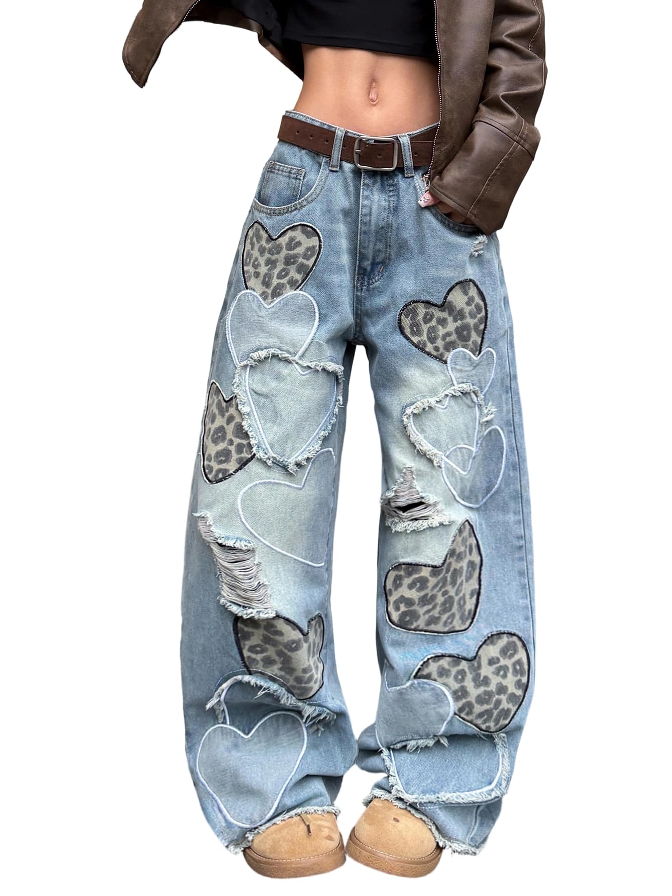 OYICAI Damen Baggy Jeans Weite Beine Denim Hose Y2K Hip Hop Loose | 90er Vintage,Skater Streetwear,Retro,2000er