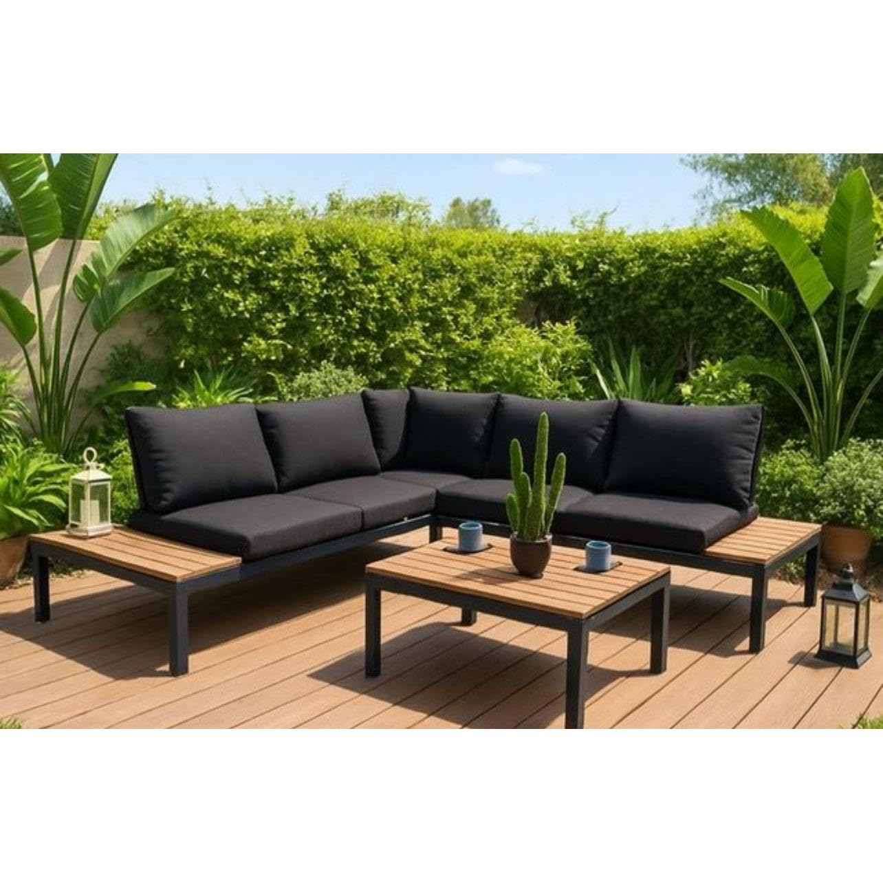 Orion91 ORION91oficial® - Conjunto Jardín Rinconera Modular Antracita, Sofá con Cojines, 3 Partes: 2 Biplaza de 138,7 cm y Mesa de Centro de 80 cm, Aluminio y Poliéster, Diseño Elegante y Ligero
