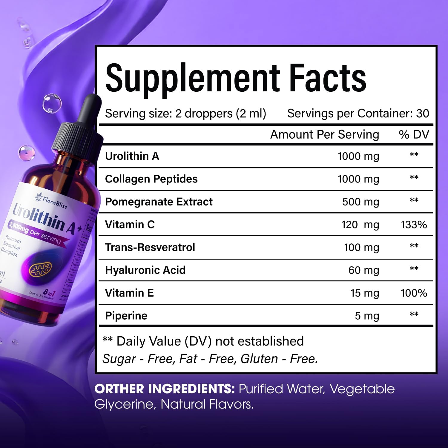 FloraBliss Urolithin A Supplement 2800 mg Liquid Drops | with Trans-Resveratrol, Collagen Peptides, Pomegranate Extract, Hyaluronic Acid, Vitamin E & C | 60ml |30-Day Supply