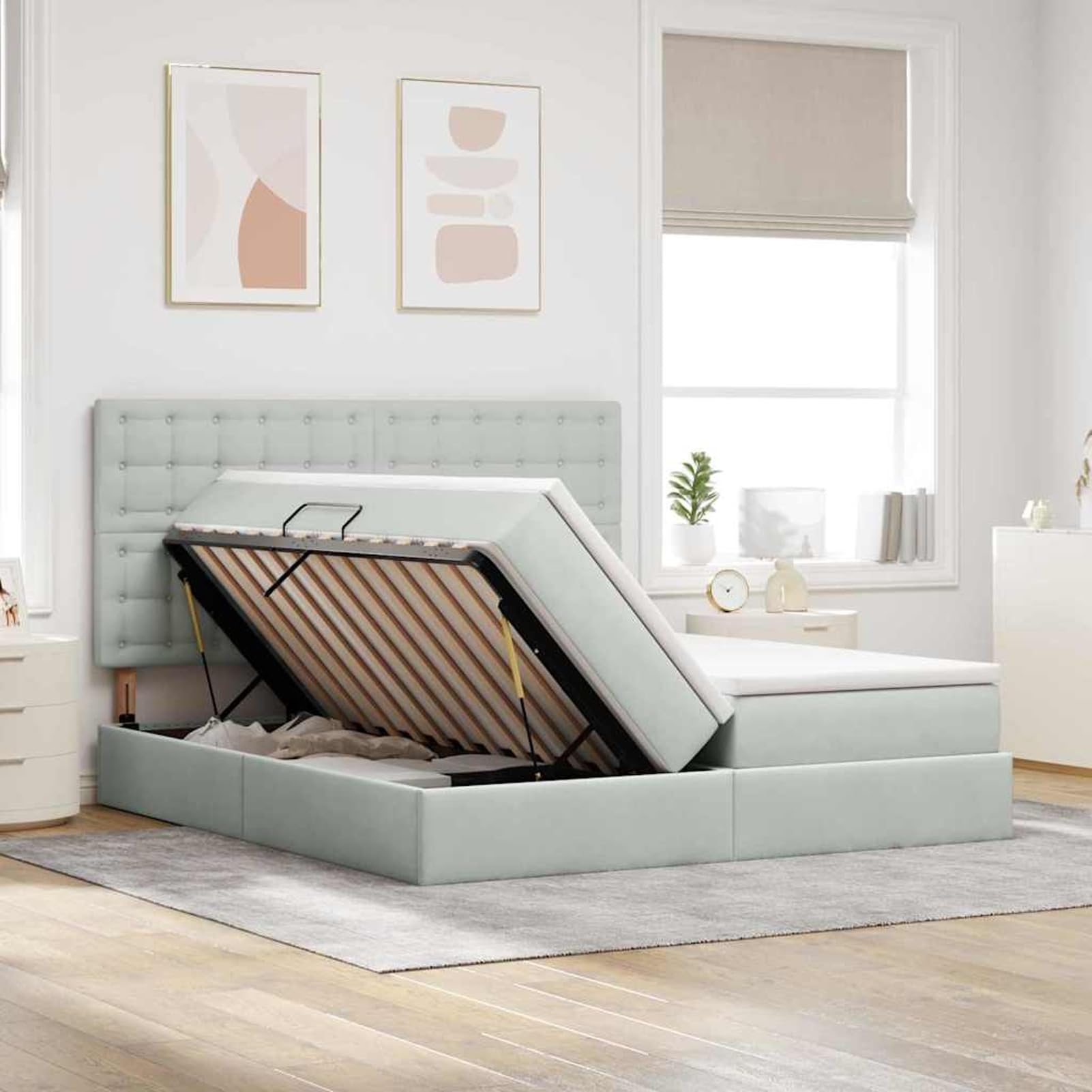 Fasba Cama de Almacenamiento con elevación hidráulica y Luces LED - Tamaño 200x203 cm, Color Gris Claro, Material Terciopelo Modelo FCZJ-3372911ES