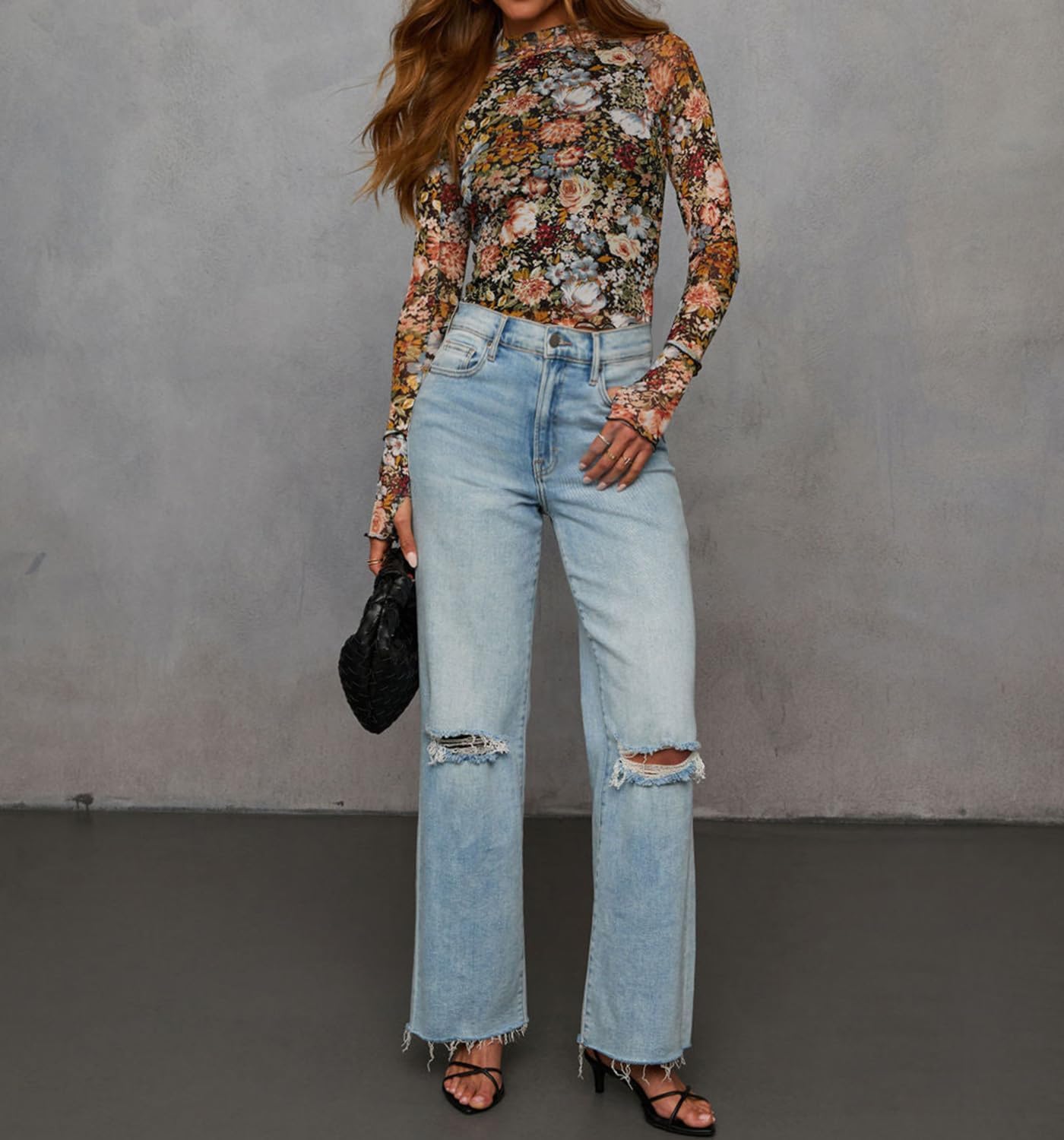Dressmine Long Sleeve Mesh Tops for Women Mock Neck Floral Blouse Layering Sexy Fitted Going Out Top - Image 4