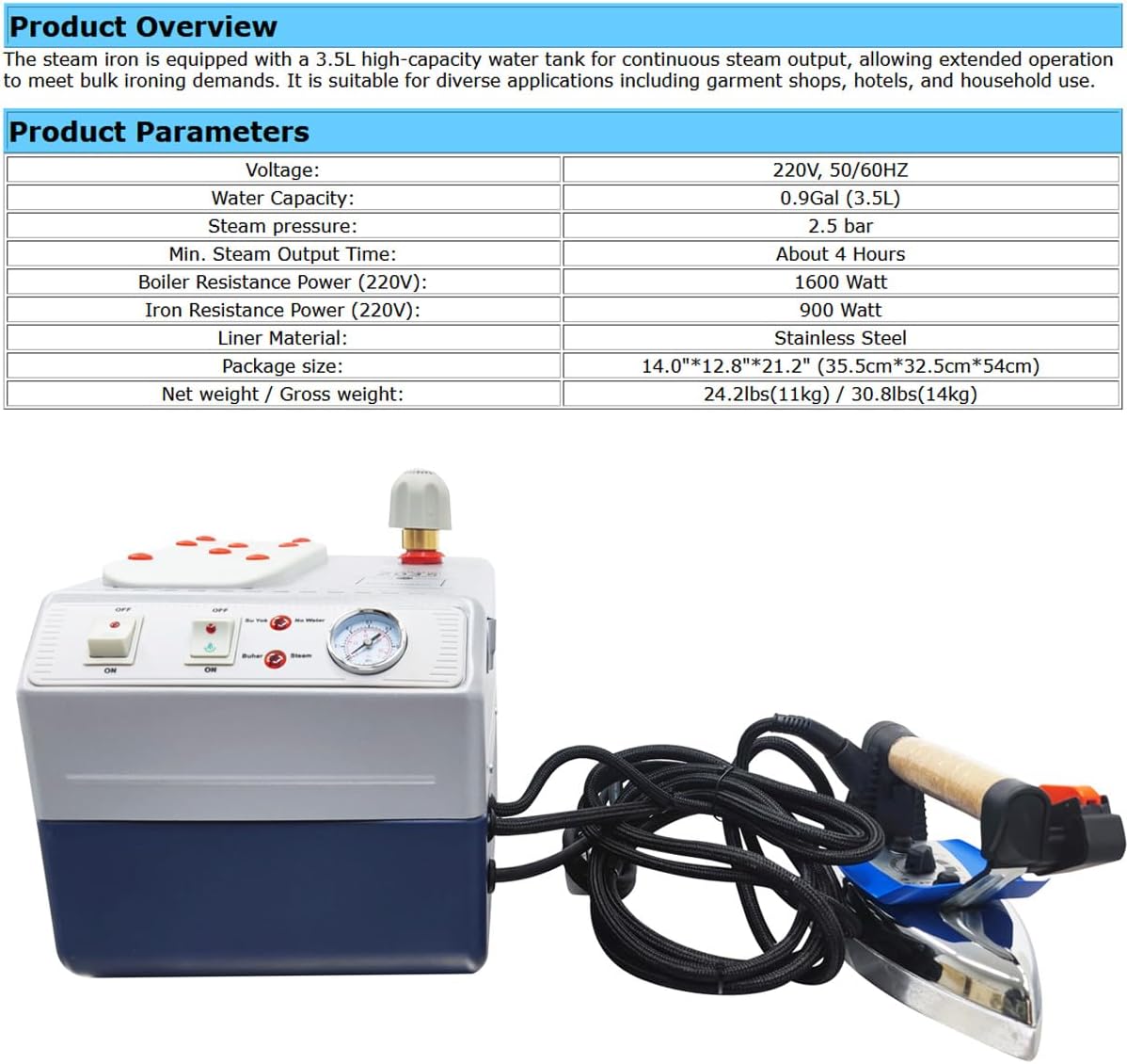 INTBUYING Industrial Steam Iron, Commercial Steam Generator Ironing, Curtain Electric Iron Boiler 220V, with 3.5L Tank, for Clothing Stores, Dry Cleaners, Tailor Stores