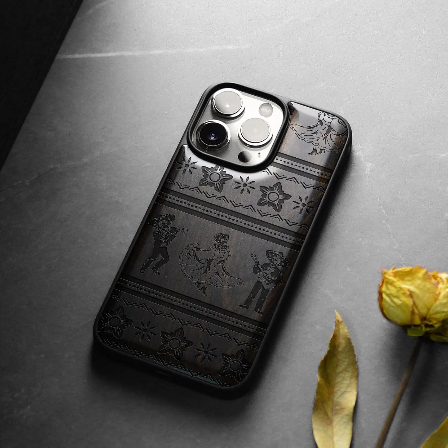 Carveit Magnetic Wood Case for iPhone 14 Pro Max [Natural Wood & Black Soft TPU] Unique & Classy Wooden Shockproof Protective Cover Compatible with magsafe (Mariachi Dance -Blackwood)
