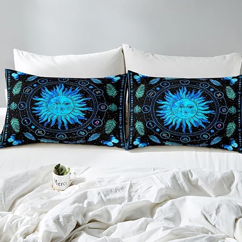 Miniatura 5 de Erosebridal Juego de sábanas Sun and Moon Queen de bohemio azul Tie Dye con doce constelaciones, juego de sábanas zodiacales y fundas de almohada,