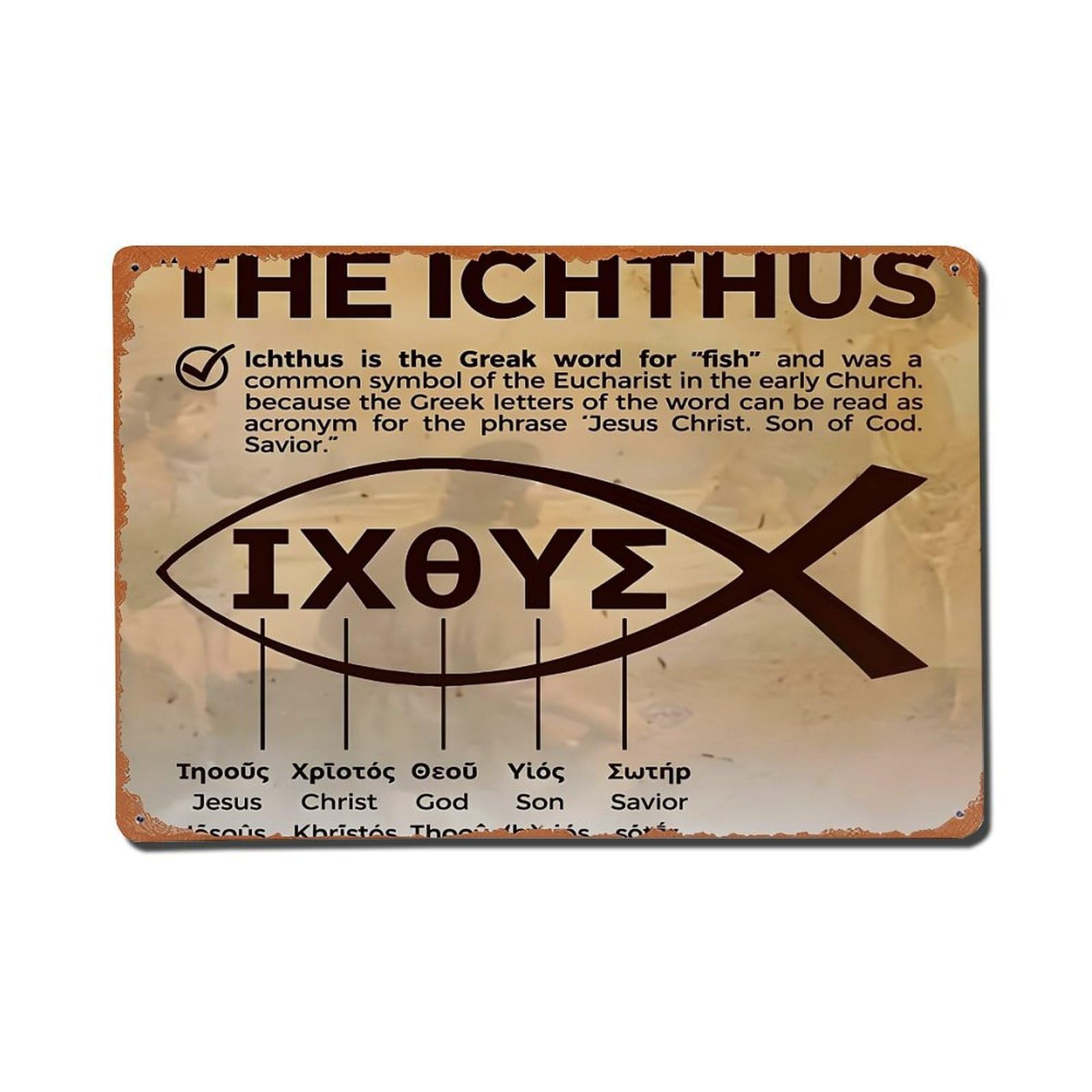 Jdfenggu Vintage The Ichthus Fish Symbol Print Retro Metal Tin Sign, Metal Poster For Bar, Home, Man Cave, Kitchen, Laundry Room Art Decor 8X12 Inch