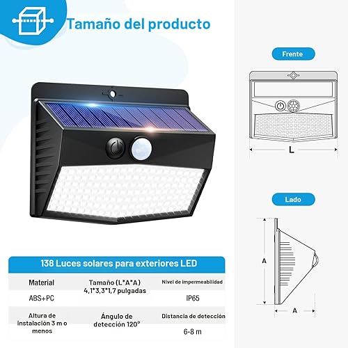 Miniatura 5 de Peasur Paquete de 6 luces solares para exteriores, sensor de movimiento, luces de seguridad solares impermeables con 3 modos de iluminación, luces