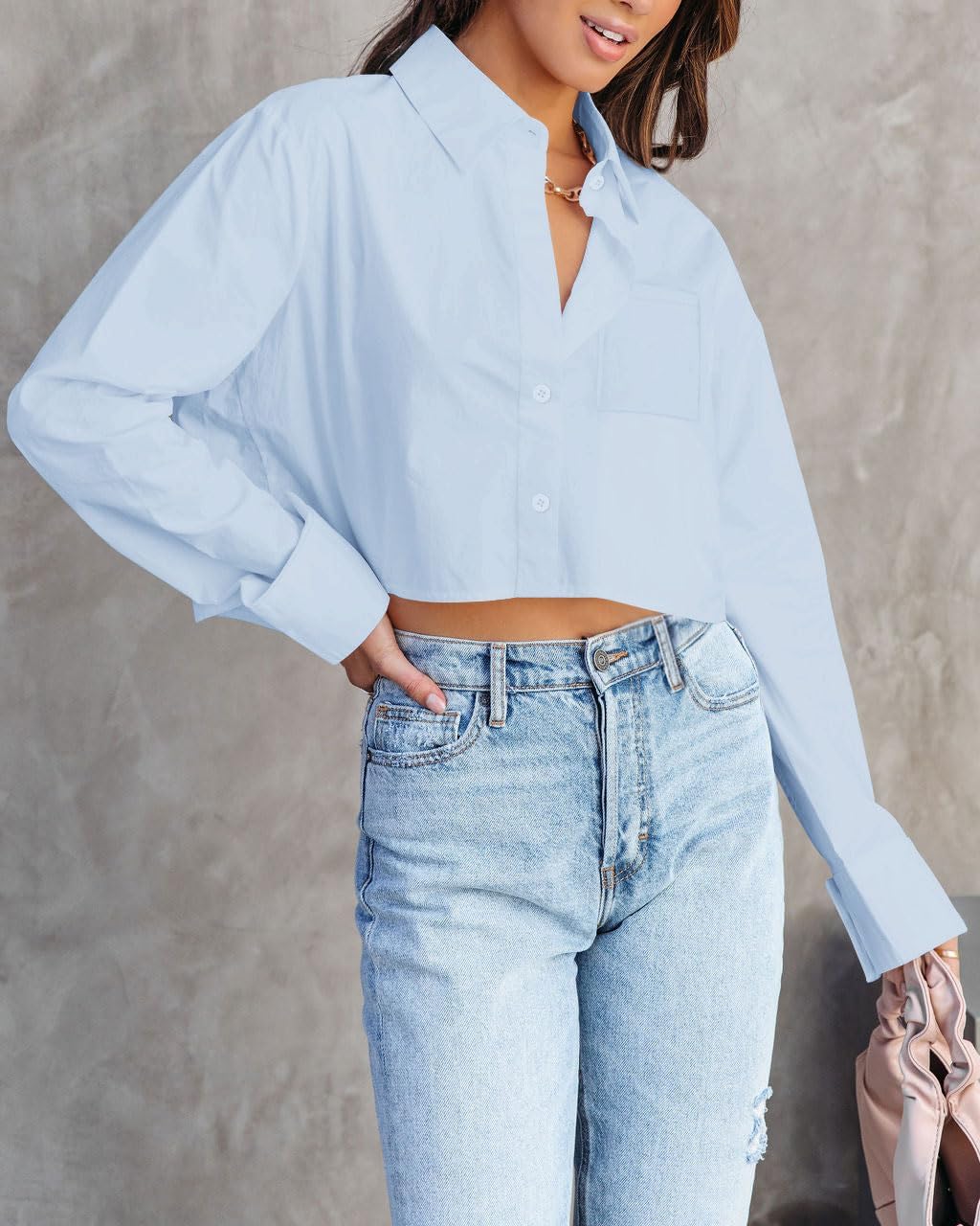 INFITTY Button Down Shirts for Women Long Sleeve Casual Crop Tops Solid Lapel Blouse Shirt with Pocket - Image 5