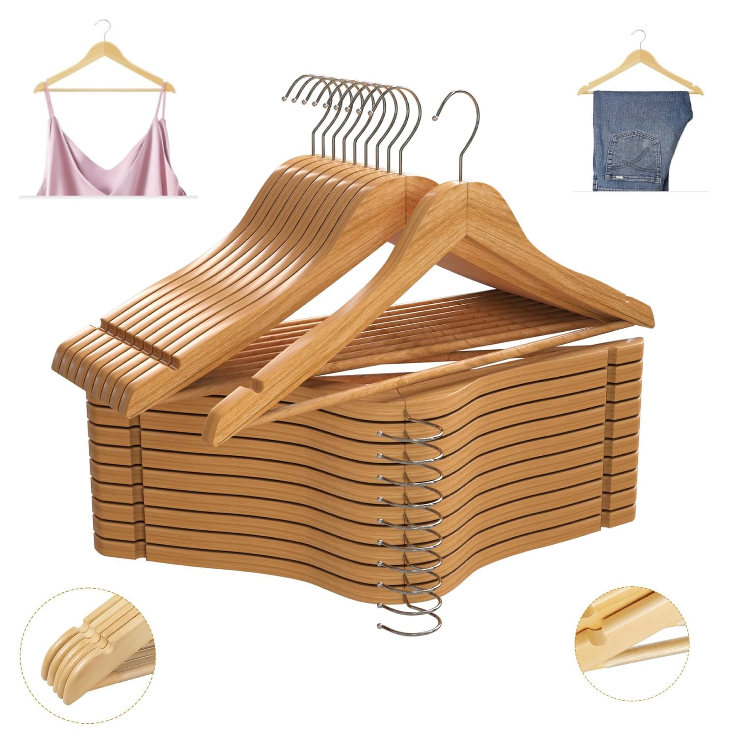 ANH MART 12 -Pack Beige Premium Wooden Coat Hanger 360° Swivel Chrome Hook,Smooth Finish, Heavy-Duty Vintage Wood for Clothes, Jackets & Shirts.