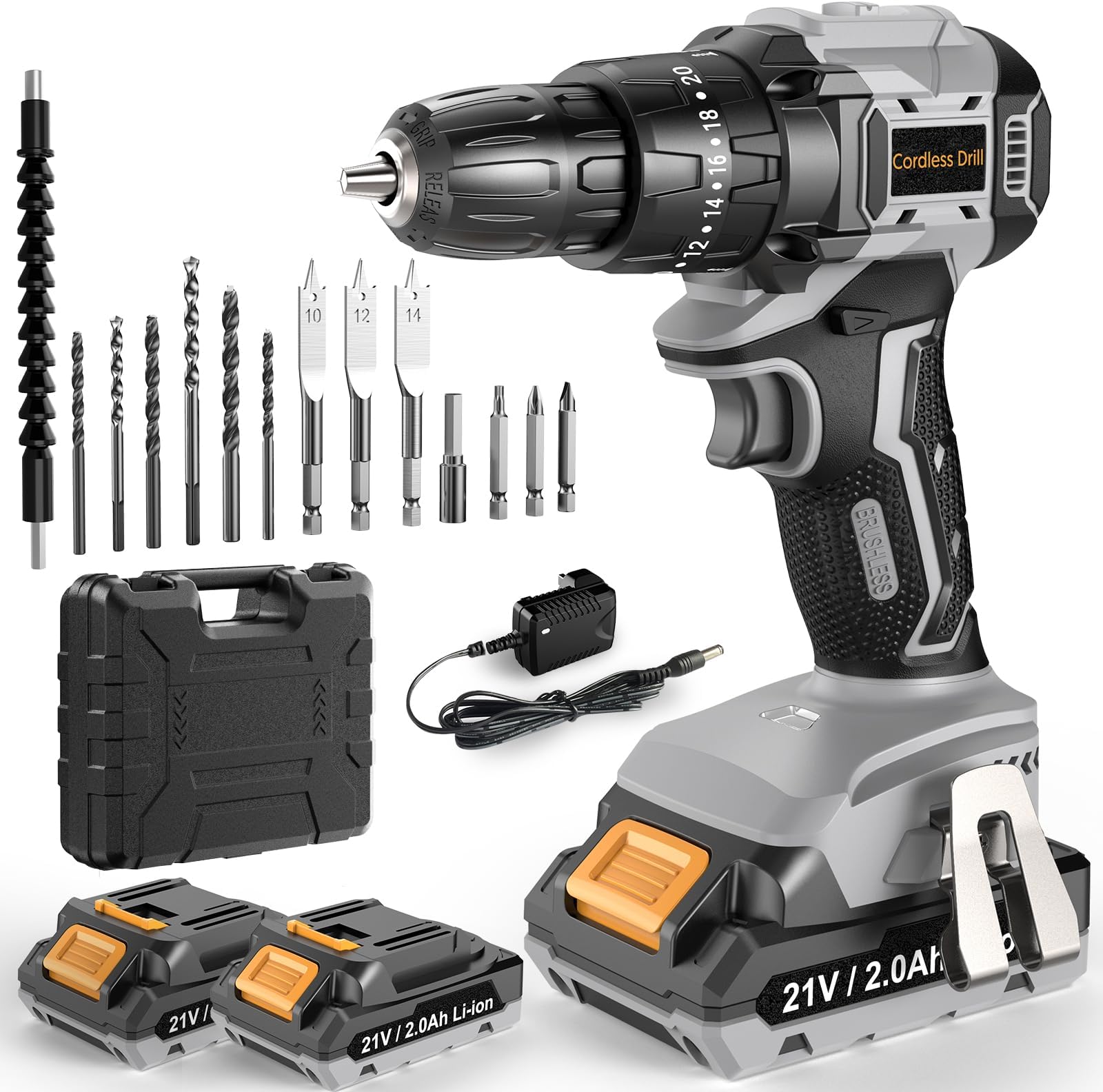 Cordless Drill Driver 21V, Brushless Cordless Hammer Drill with 2 Batteries 2000mAh, 20+3 Torque, 45N.m Max Electric Drills, 14PCS Drills Bits, 2 Speed, LED Light for Home, Garden DIY Project
