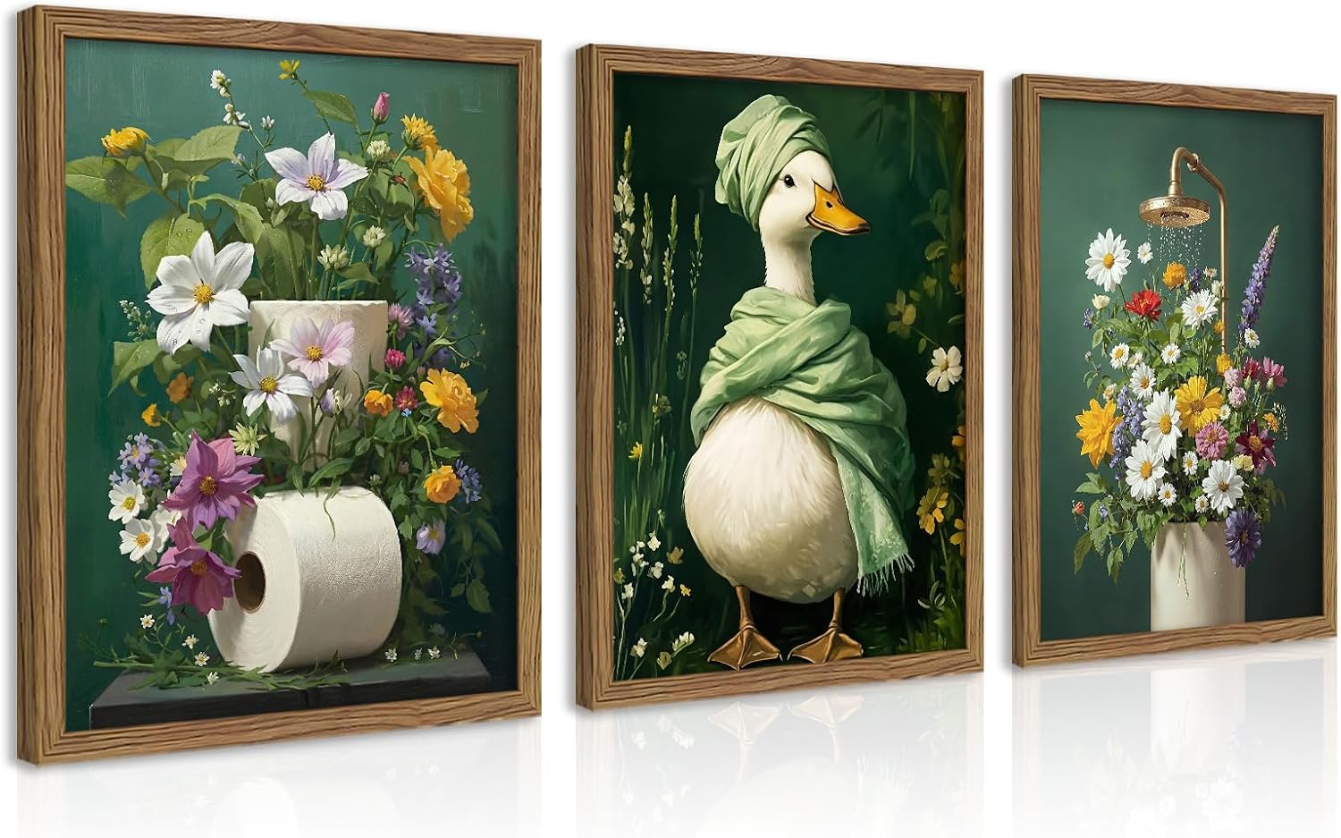 Funny Bathroom Wall Art Set of 3 Framed, Vintage Duck Bathroom Canvas Prints, Floral Goose Bath Shower Toilet Paper Wall Decor, Rustic Farmhouse Bathroom Artwork for Guest Restroom Home Decor 12x16 Inch