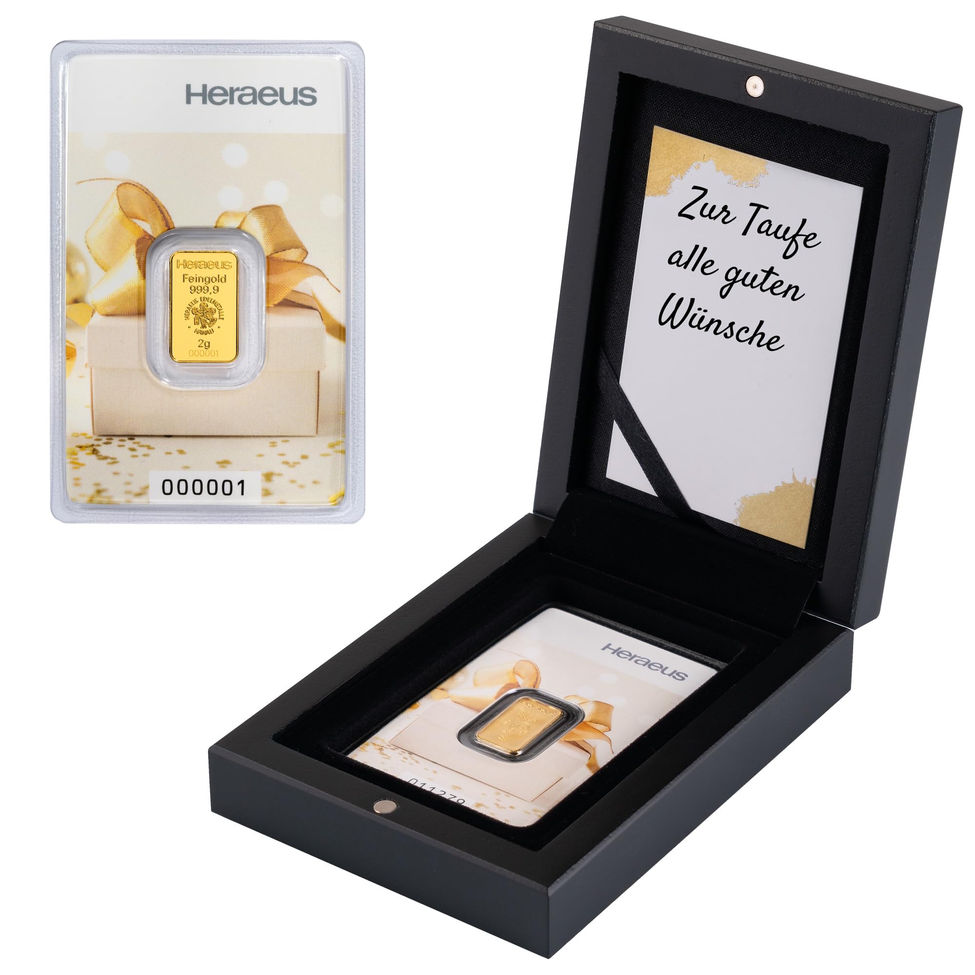 Goldstücke24 - Gold zur Taufe - Goldbarren im edlen Geschenk-Etui mit Grußkarte - Schwarz - Feingold 999,9 (2g Gold Geschenkmotiv)