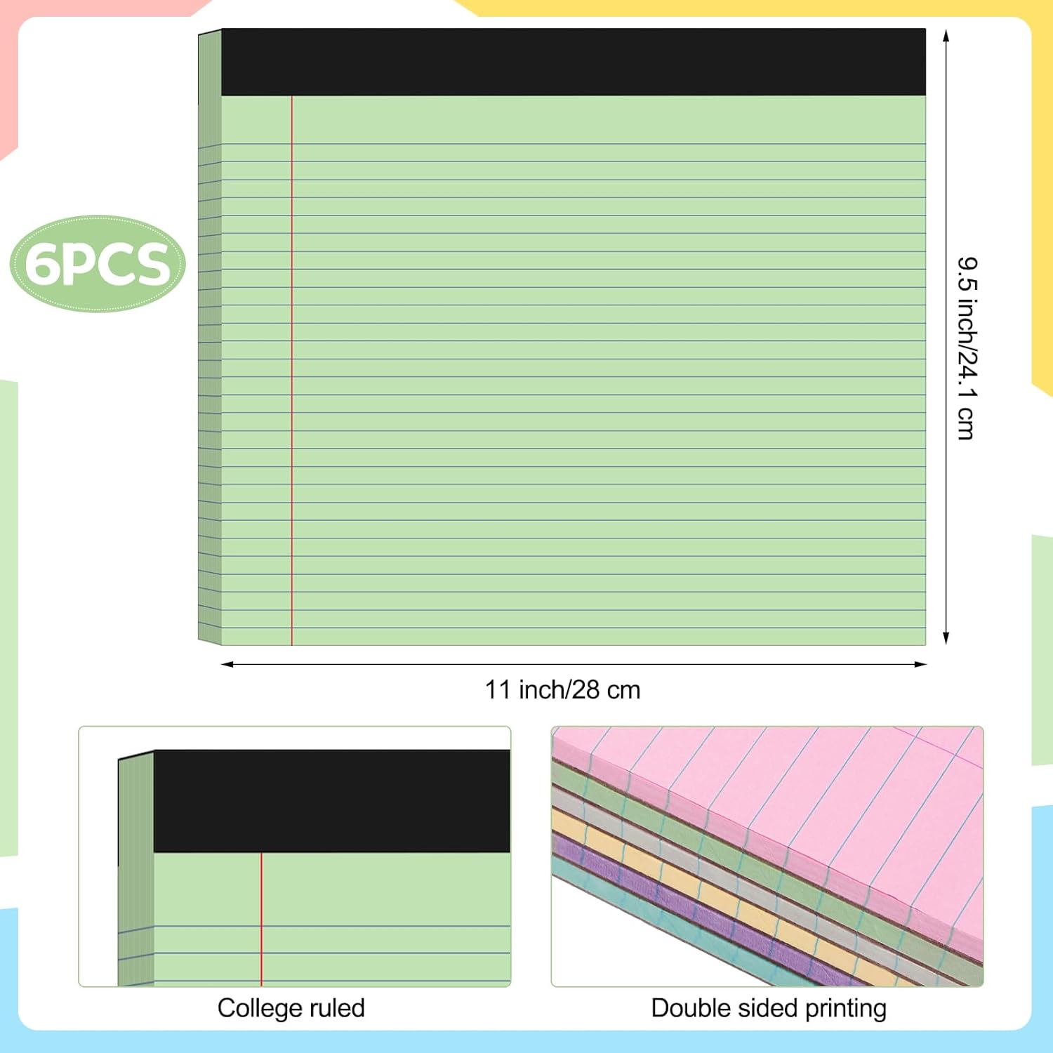 Jetec 6pcs Legal Pads Landscape Pad College Ruled 50 Sheets Pad Assorted Colors Writing Pads Horizontal Notebook for Work Office Travel Supplies (11" X 9.5",Multicolor) - Image 5