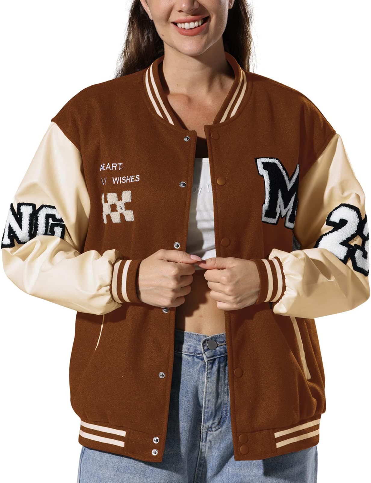 Women's Varsity Jacket Baseball Bomber Jacket Vintage Unisex Streetwear Coats with Patchwork Hipster Utility Tops