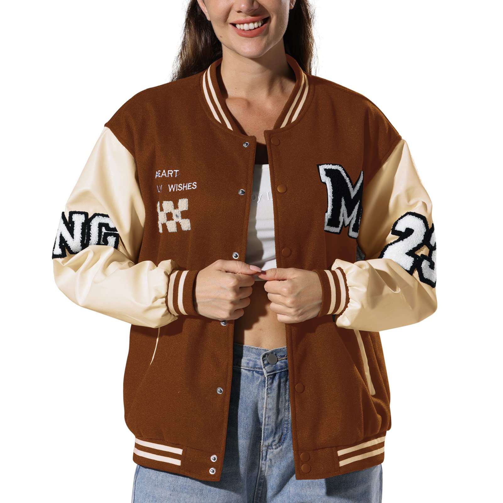 Women's Varsity Jacket Baseball Bomber Jacket Vintage Unisex Streetwear Coats with Patchwork Hipster Utility Tops