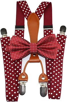 Men Braces Suspenders - Mens Polka Dot Bow Tie Suspenders,Unisex Elasticity Adjustable Y Shape 4 Clips Leather Suspenders Ad