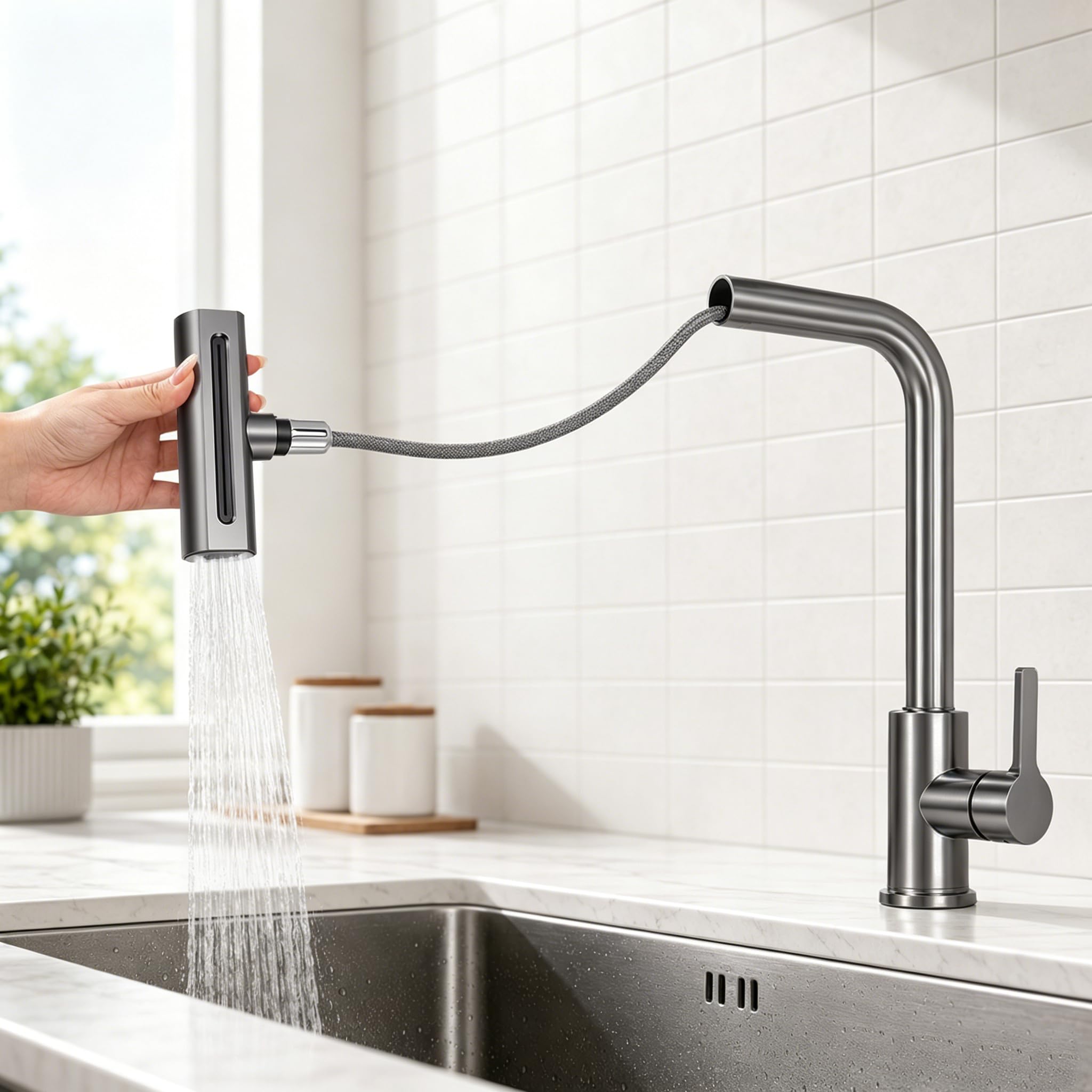 Robinet cuisine douchette 4 jets extractible et orientable à 360° en acier inox 304