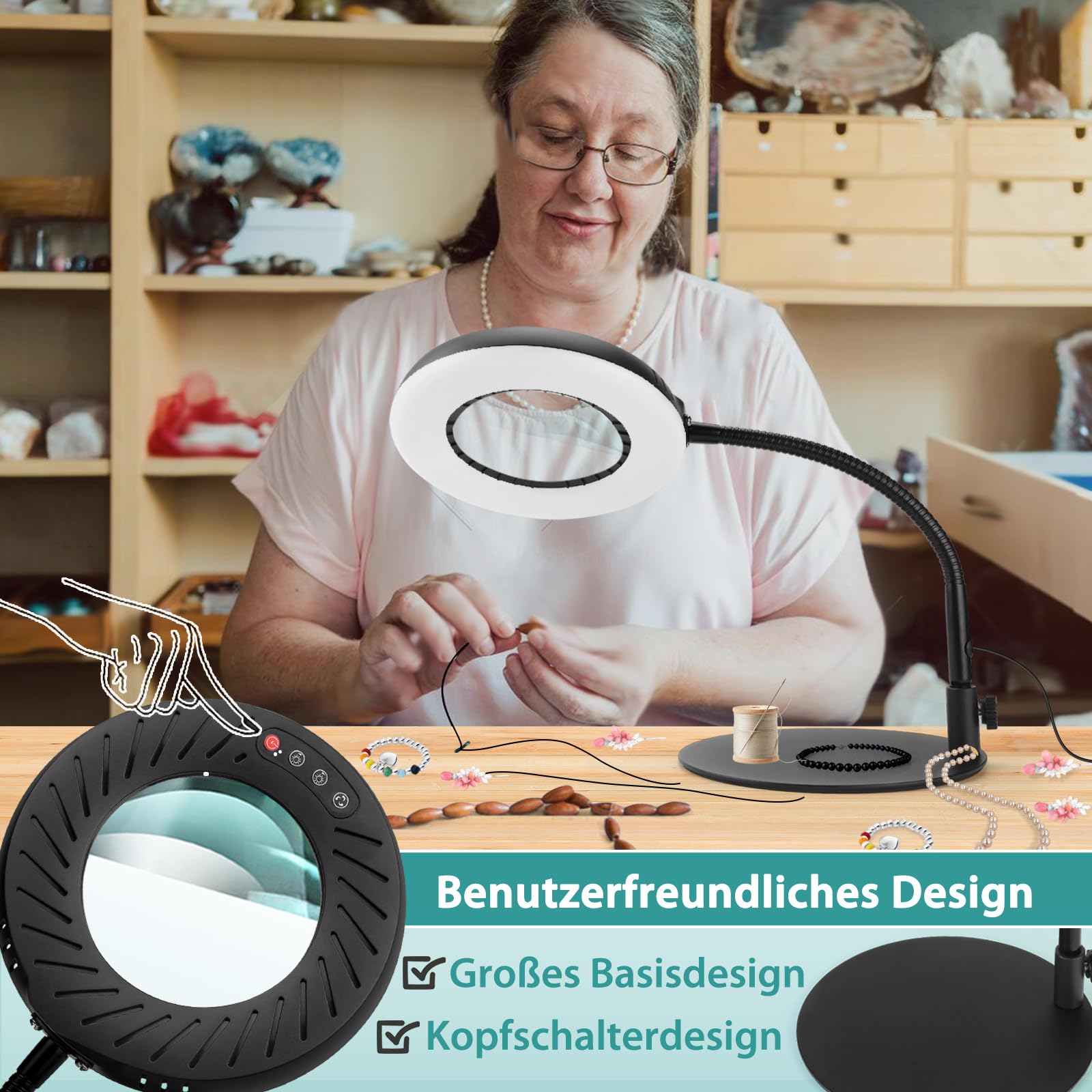 12X Lupe mit Licht und Ständer, 5 Farbmodi Dimmbar, Flexible Schwanenhals LED Schreibtischlampe Hände Frei für Malerei, Kunsthandwerk, Hobby, Nähen, Schließen Arbeit