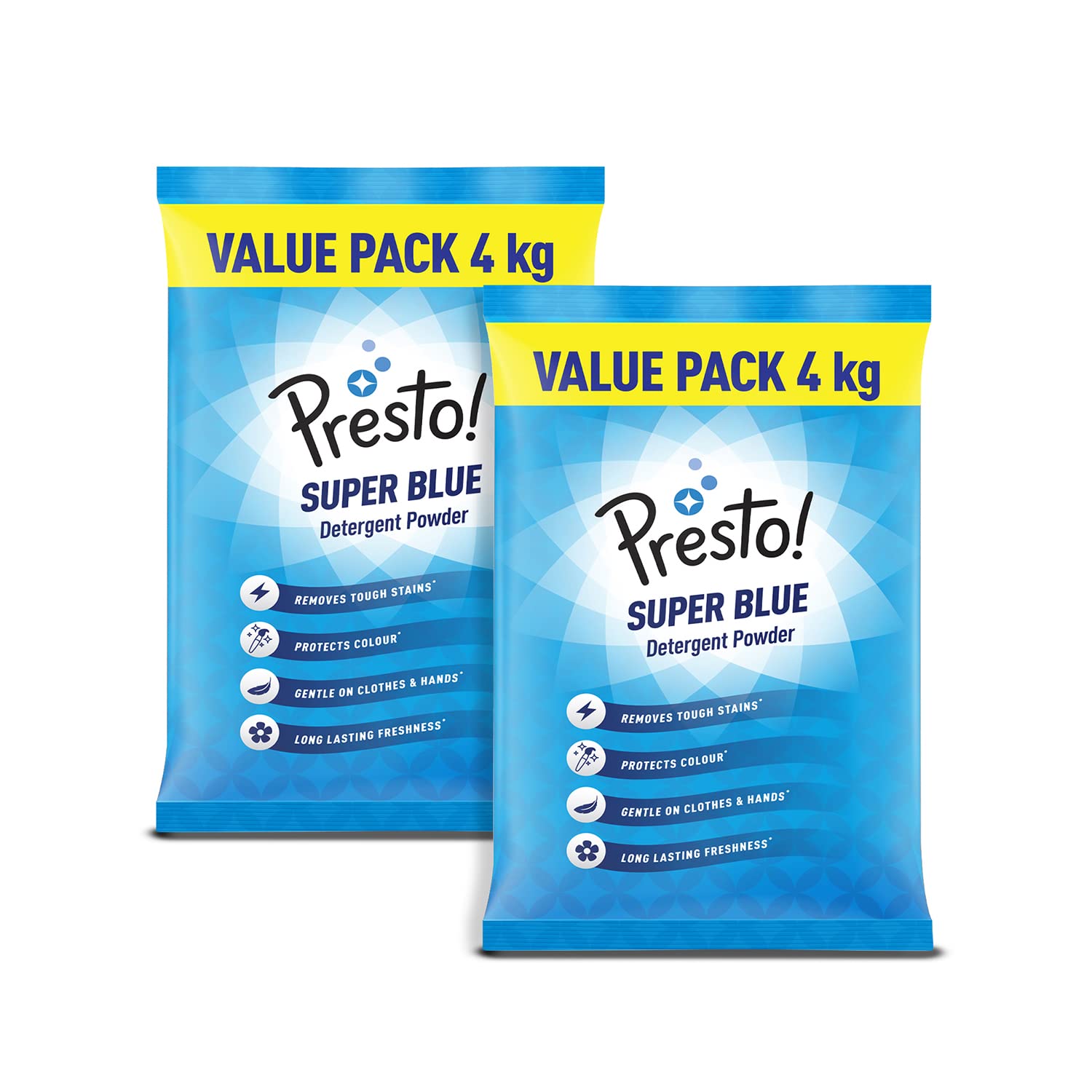 Amazon Brand - Presto! Super Blue Premium Detergent Powder | 8 Kg | 4 Kg X 2 Packs | Removes Tough Stains | Safe And Gentle On Fabrics | Refreshing Floral Fragrance | Machine And Hand Wash
