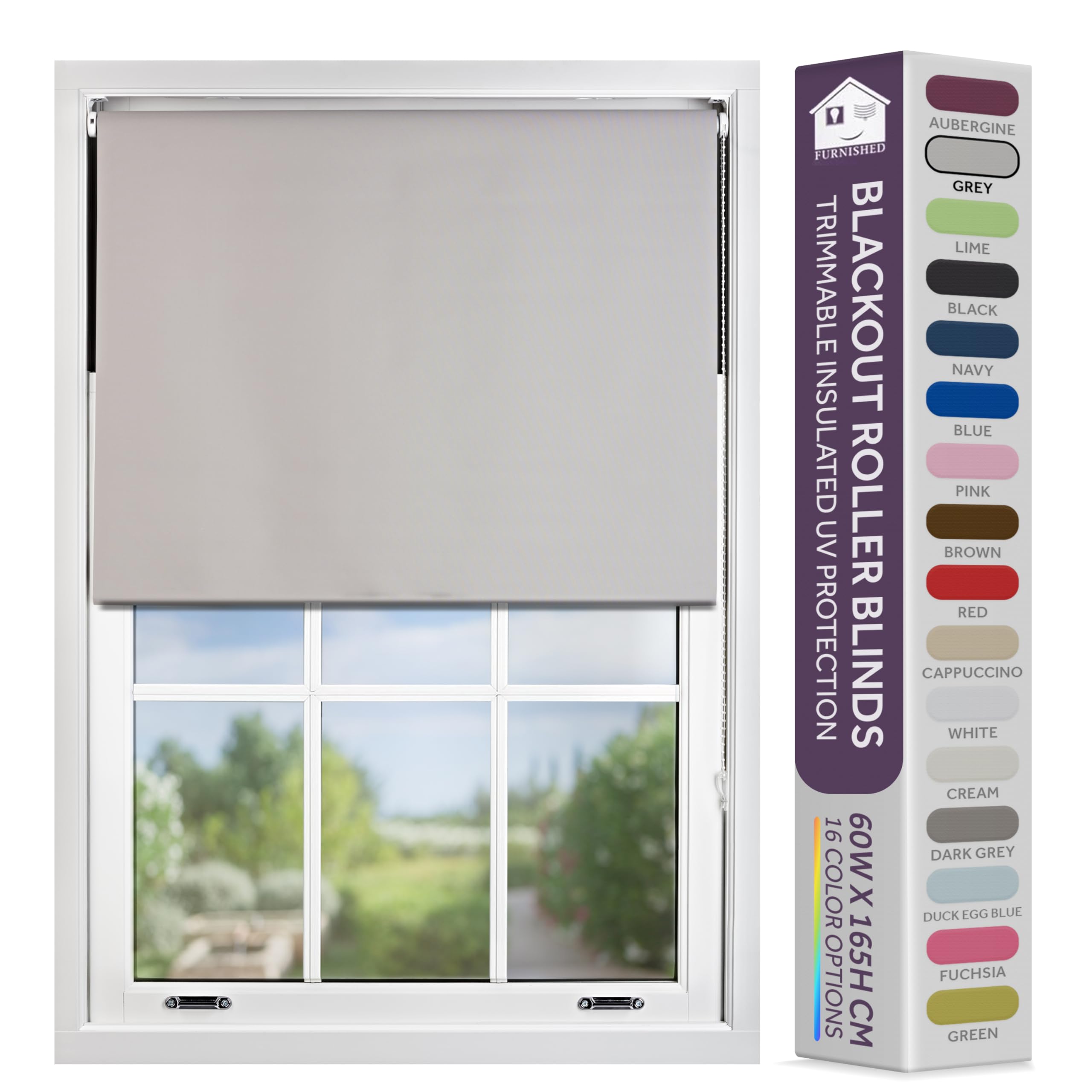 FURNISHED Blackout Roller Blind with Metal Fittings Trimmable Insulated Thermal Fabric Heavy-duty Easy Install Brackets Window Roller Blinds - Grey, 120W x 210H cm