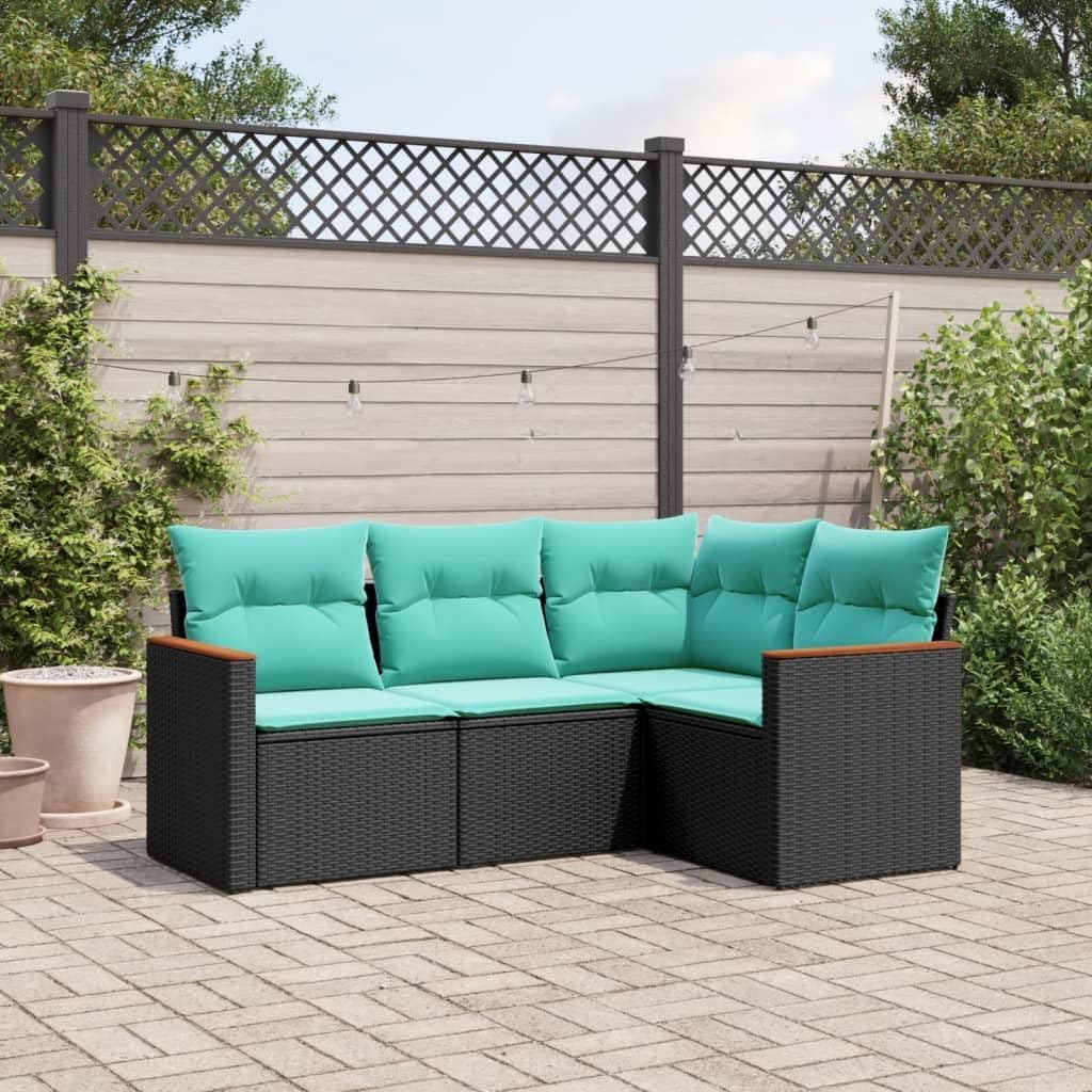 vidaXL Patio Sofa Set with Cushions 4-piece Outdoor Lounge - Black Poly Rattan - Modular Garden Seating - UV-