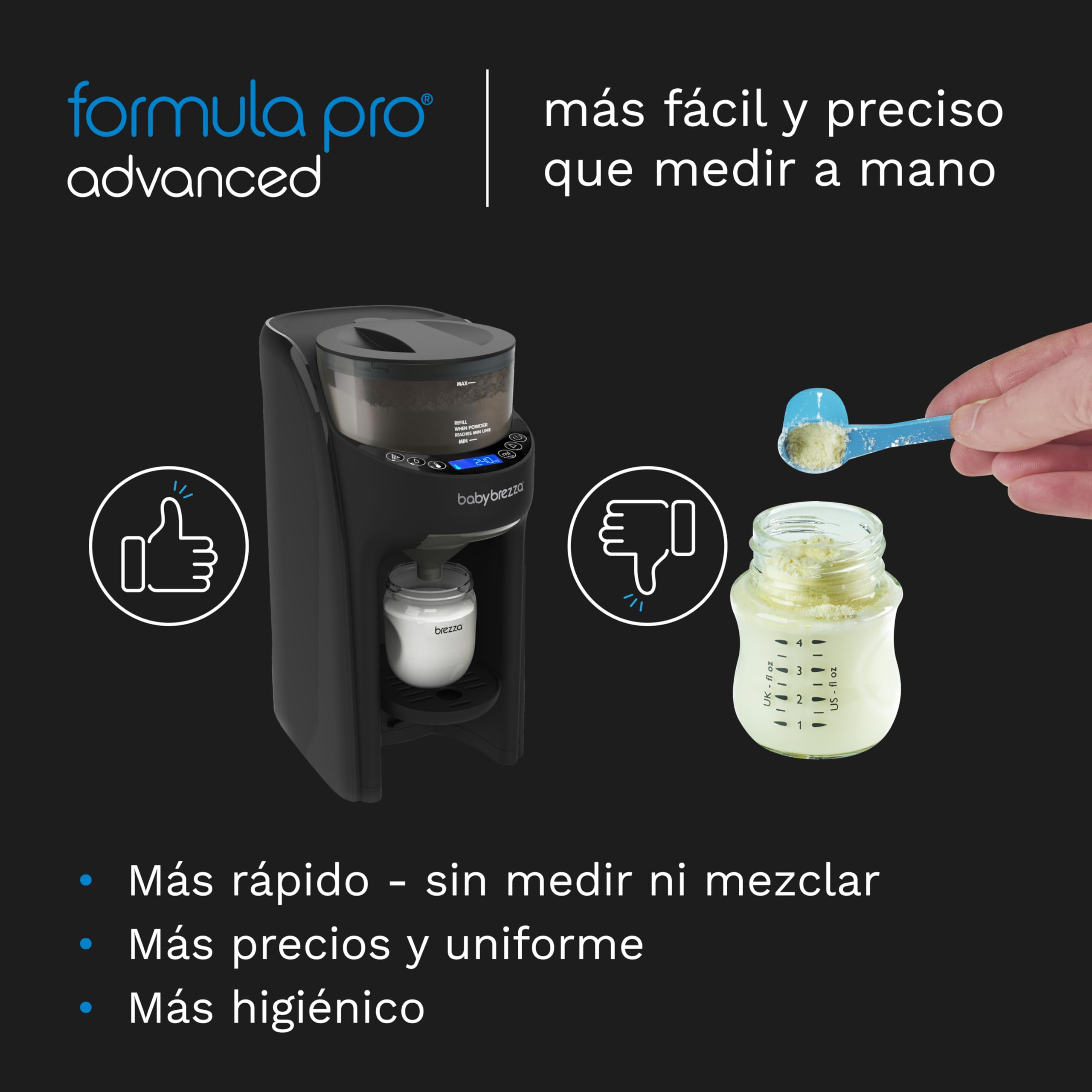 Baby Brezza - Formula Pro Advanced, Preparador de Biberones Automático y Dosificador de Fórmula, Máquina para hacer Biberones, Incluye Recambio de Embudo y Cubierta, Set Negro