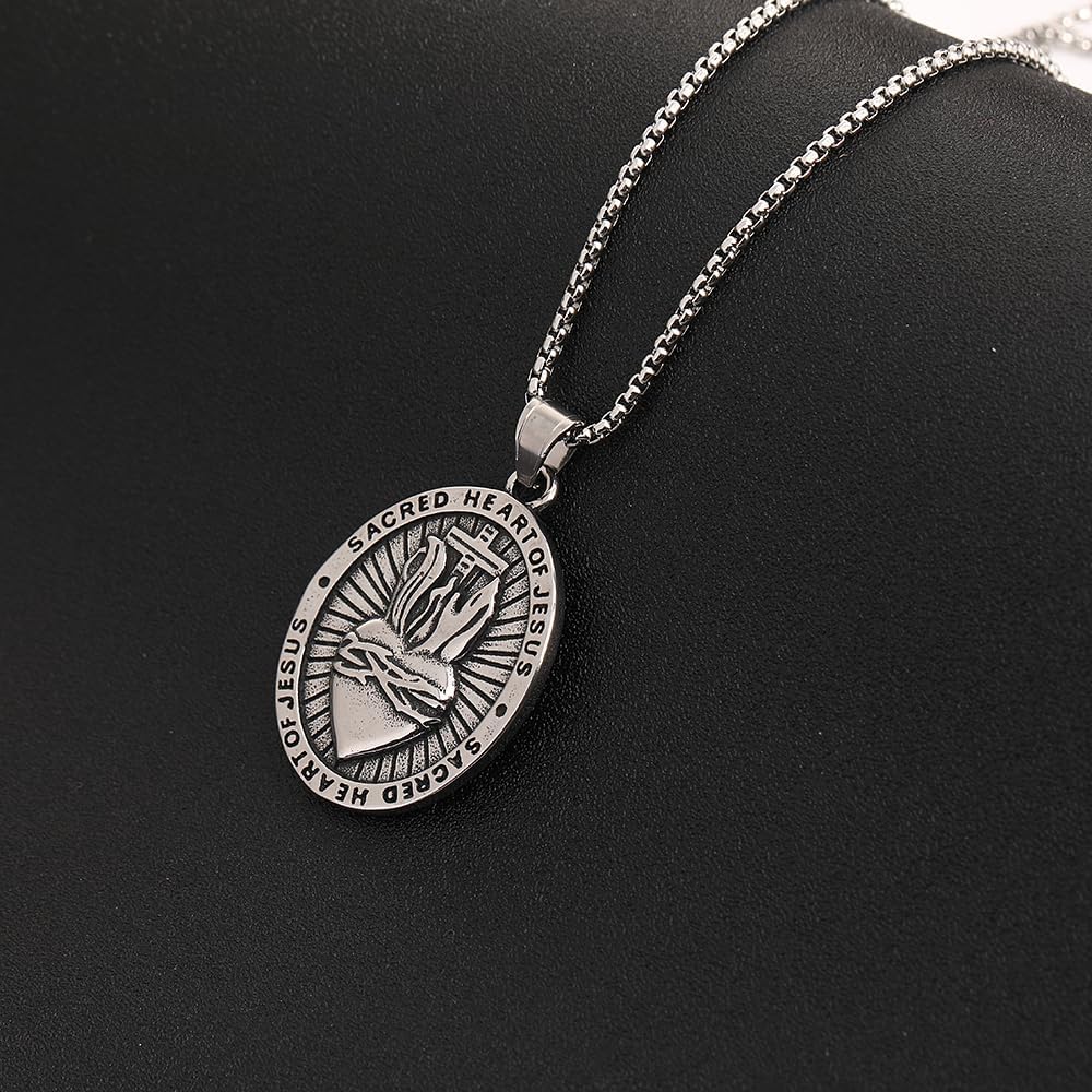 NIGHTCRUZ Sacred Heart of Jesus Necklace, Oval Religious Medal Medallion Stainless Steel with Sacred Heart and Cross - Image 4