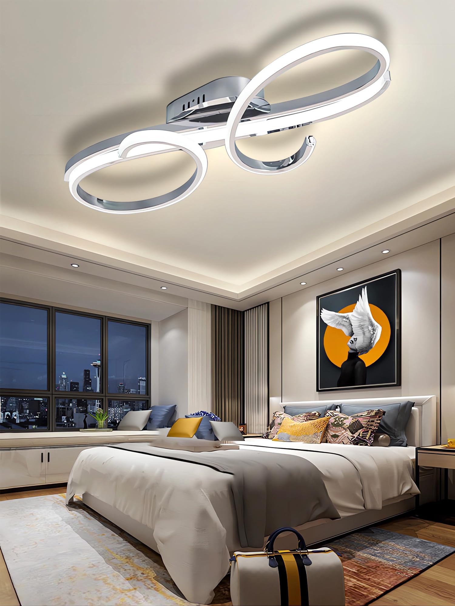 Plafoniera LED Dimmerabile Illuminazione a soffitto del soggiorno Luci moderne della camera da letto con telecomandi Illuminazione a soffitto Loop metallico Styling Lampada a soffitto (Argento, 100cm)
