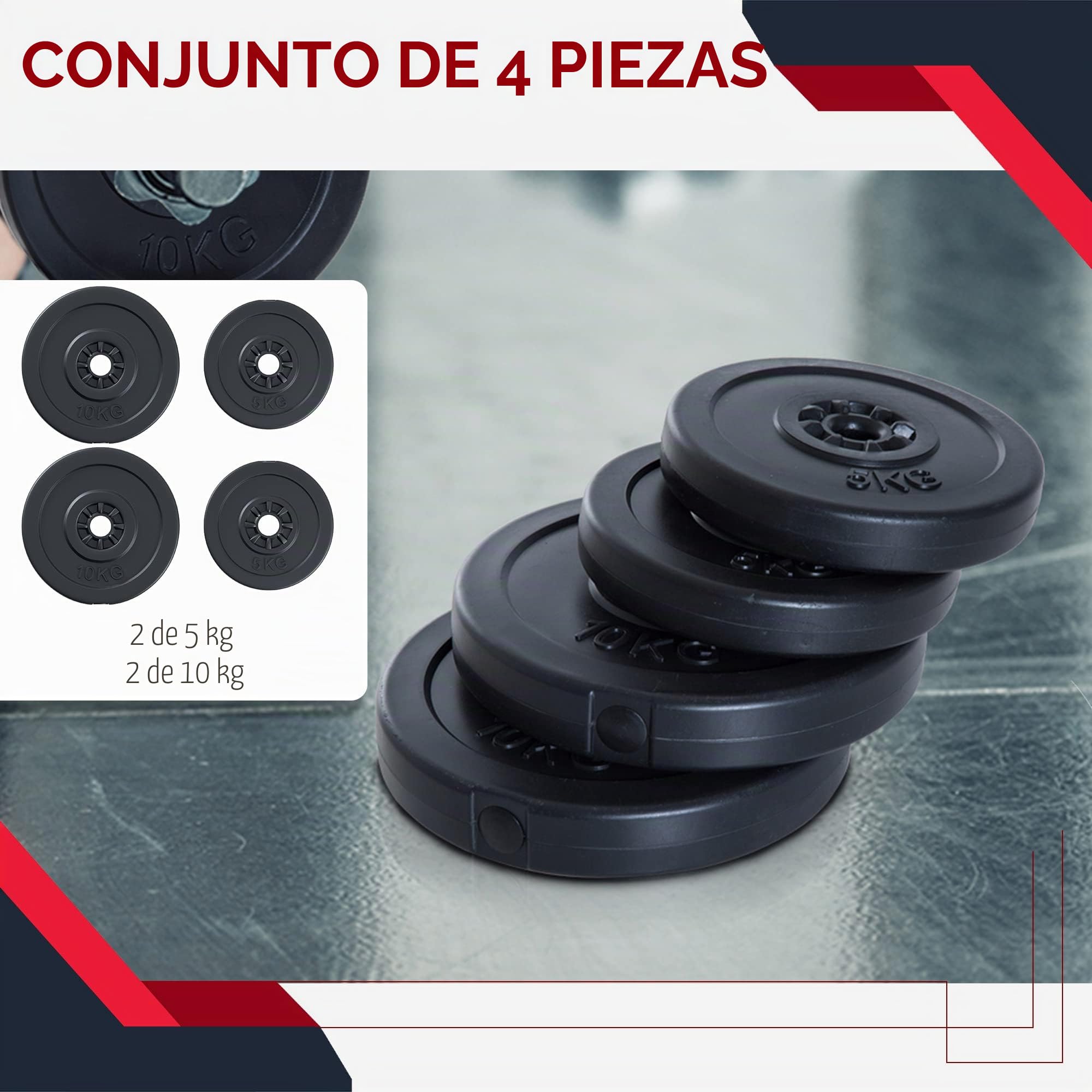 HOMCOM Juego de 4 Discos de Pesas de 2x5 kg y 2x10 kg Juego de Placas de Pesas con Agujero de Ø25 mm para Barra o Mancuernas Entrenamiento de Fuerza Levantamiento Negro