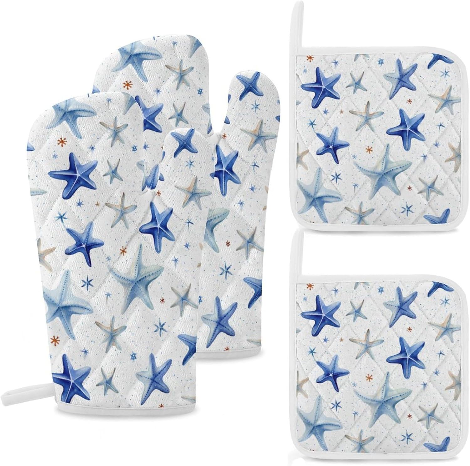 Starfish Ocean 4 Pcs Oven Mitts and Pot Holders Set High Heat Resistant Long Kitchen Oven Glove Potholders