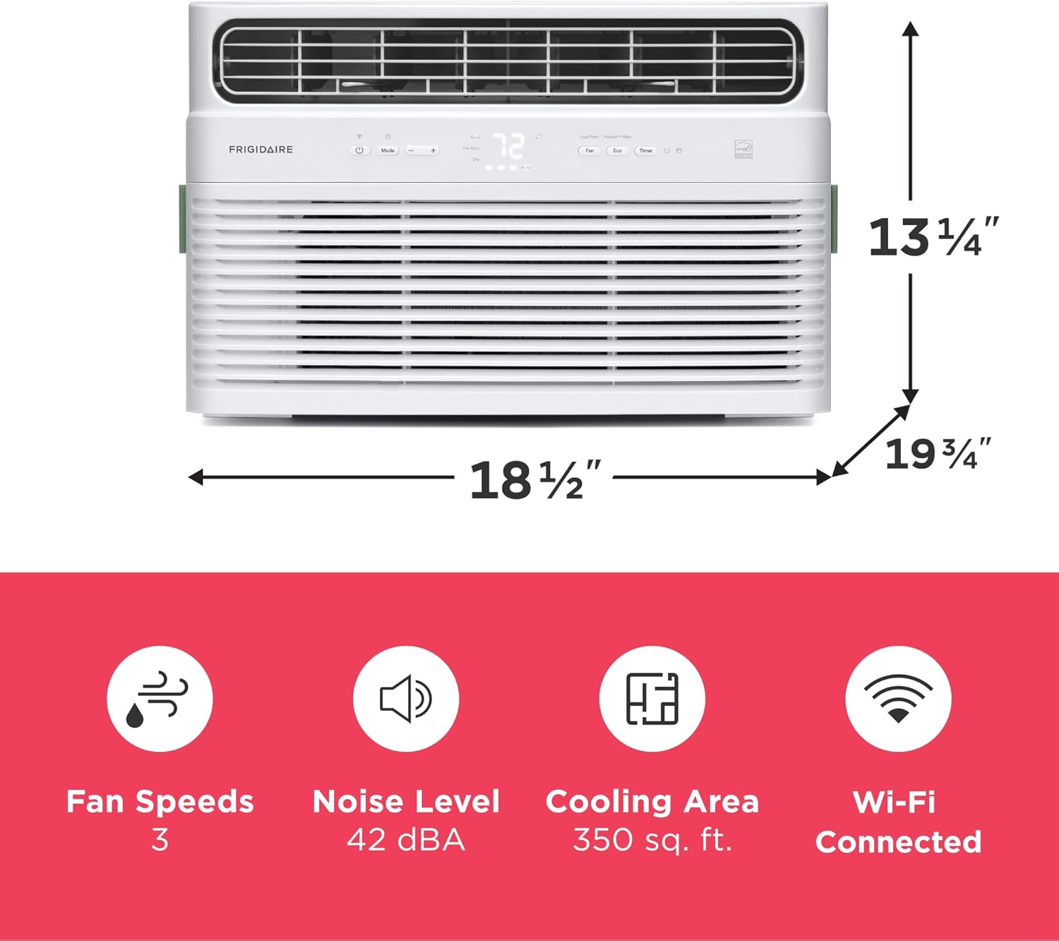 Diagram showing the dimensions of the Frigidaire 8,000 BTU window air conditioner: 18.5 inches wide, 13.25 inches high, and 19.75 inches deep.