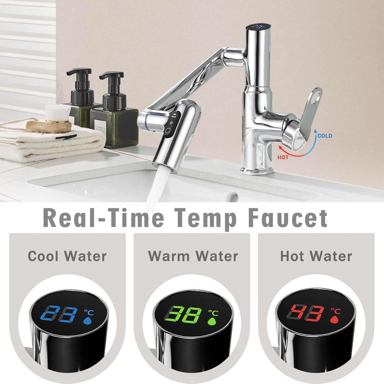 Rotatable Bathroom Sink Faucet with Temperature Display in Celsius, Single Hole Chrome and 3 Outlet Modes Faucet, Battery-Free