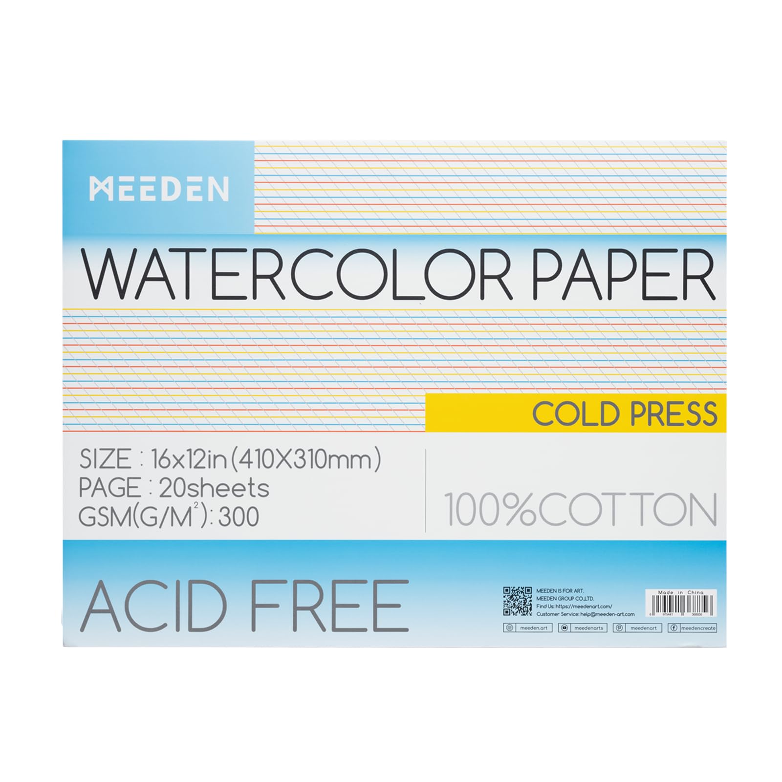 MEEDEN Watercolor Paper Block - 100% Cotton Watercolor Paper Pad of 20 Sheets, 140lb/300gsm, Acid-Free Art Paper for Watercolor, Gouache, Ink and More, 16" x 12" Cold Press