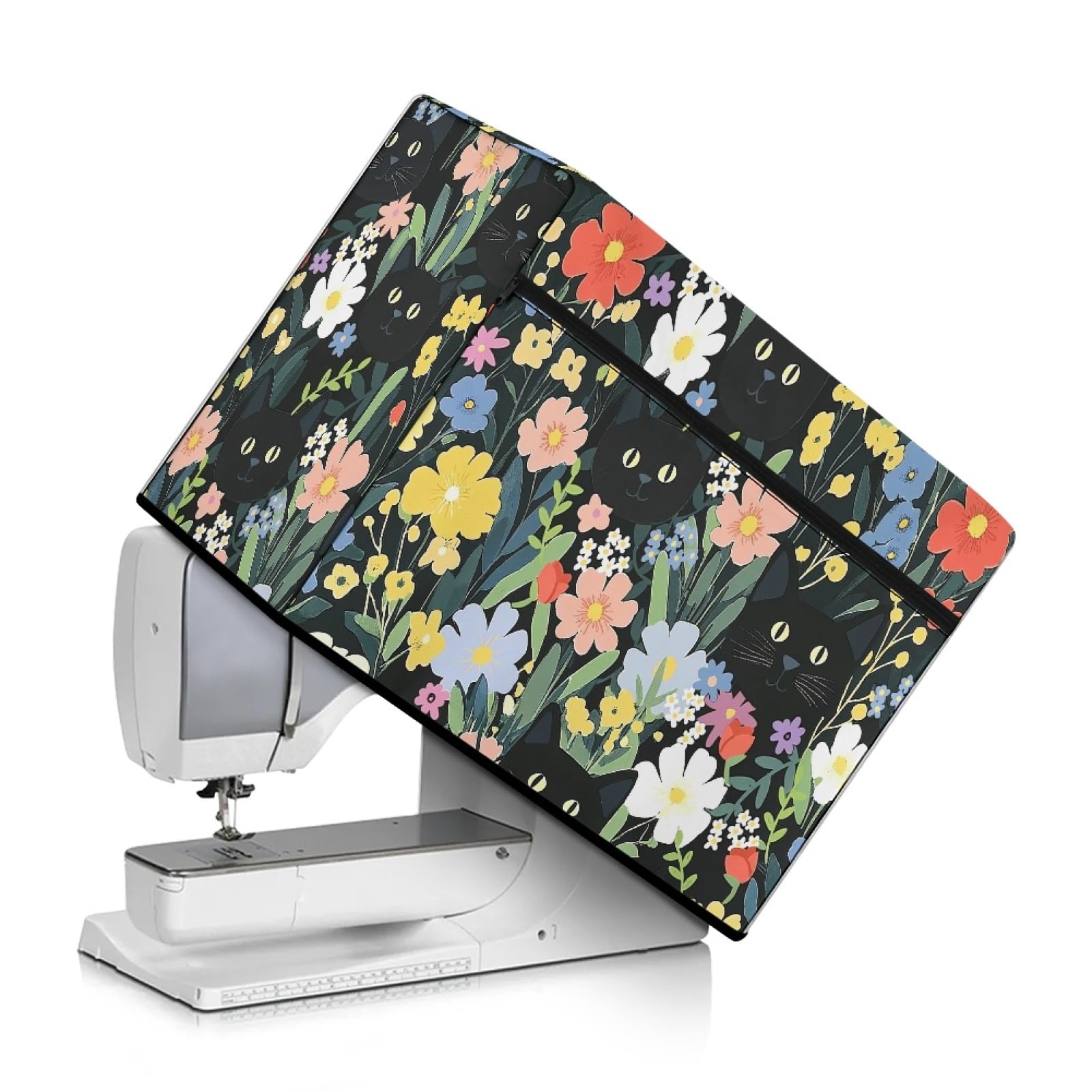 Kathyboom Flower and Black Cats Sewing Machine Cover with Pockets,Stain Resistant Foldable Sewing Machine Cover for Most Standard Sewing Machines