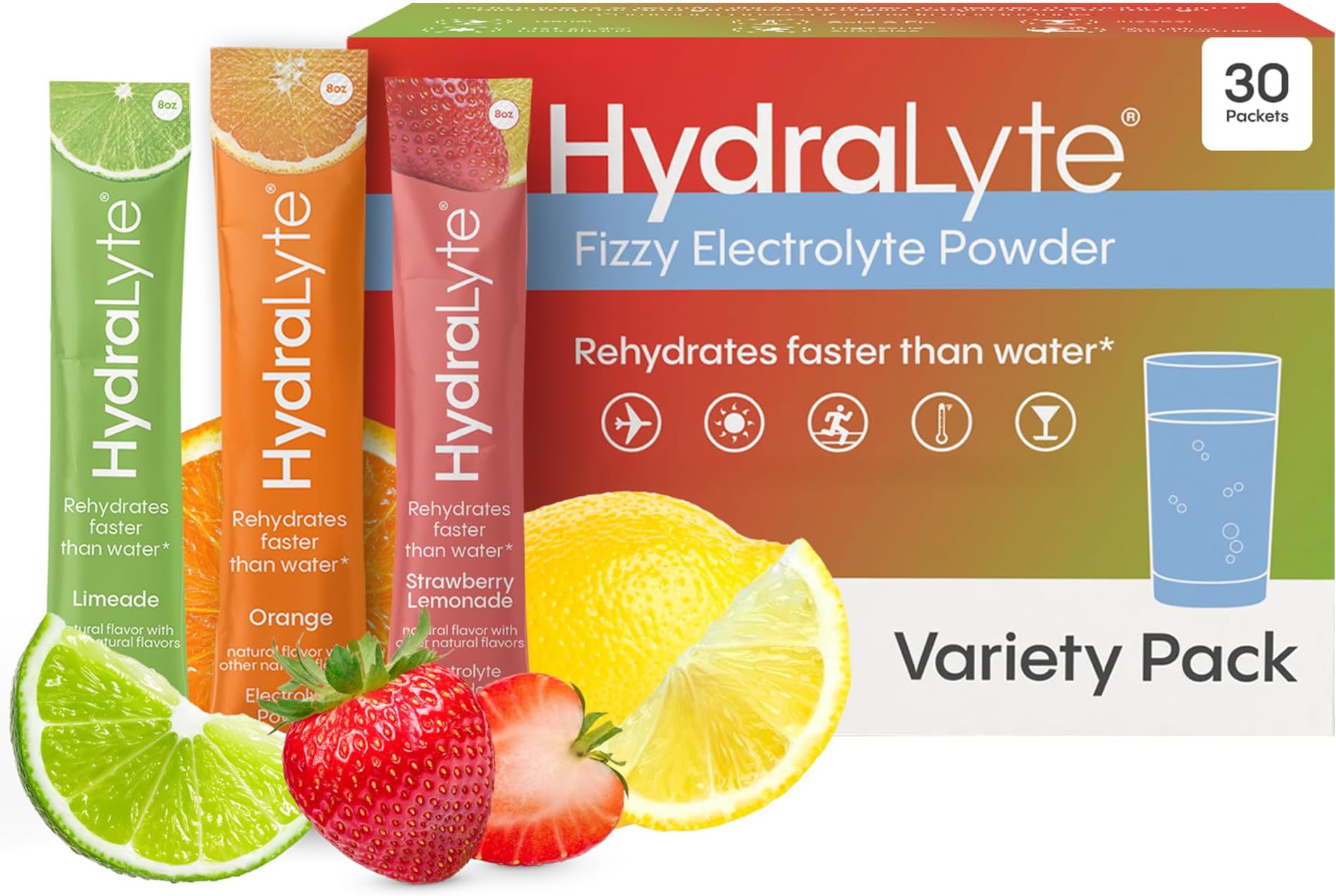 Low Sugar Rapid Rehydration - Lightly Sparkling Electrolyte Powder Packets, 8 oz Serve | Variety Hydration Packets | Hydration for Heat, Travel, Exercise and Bachelorette Parties (30 Count)