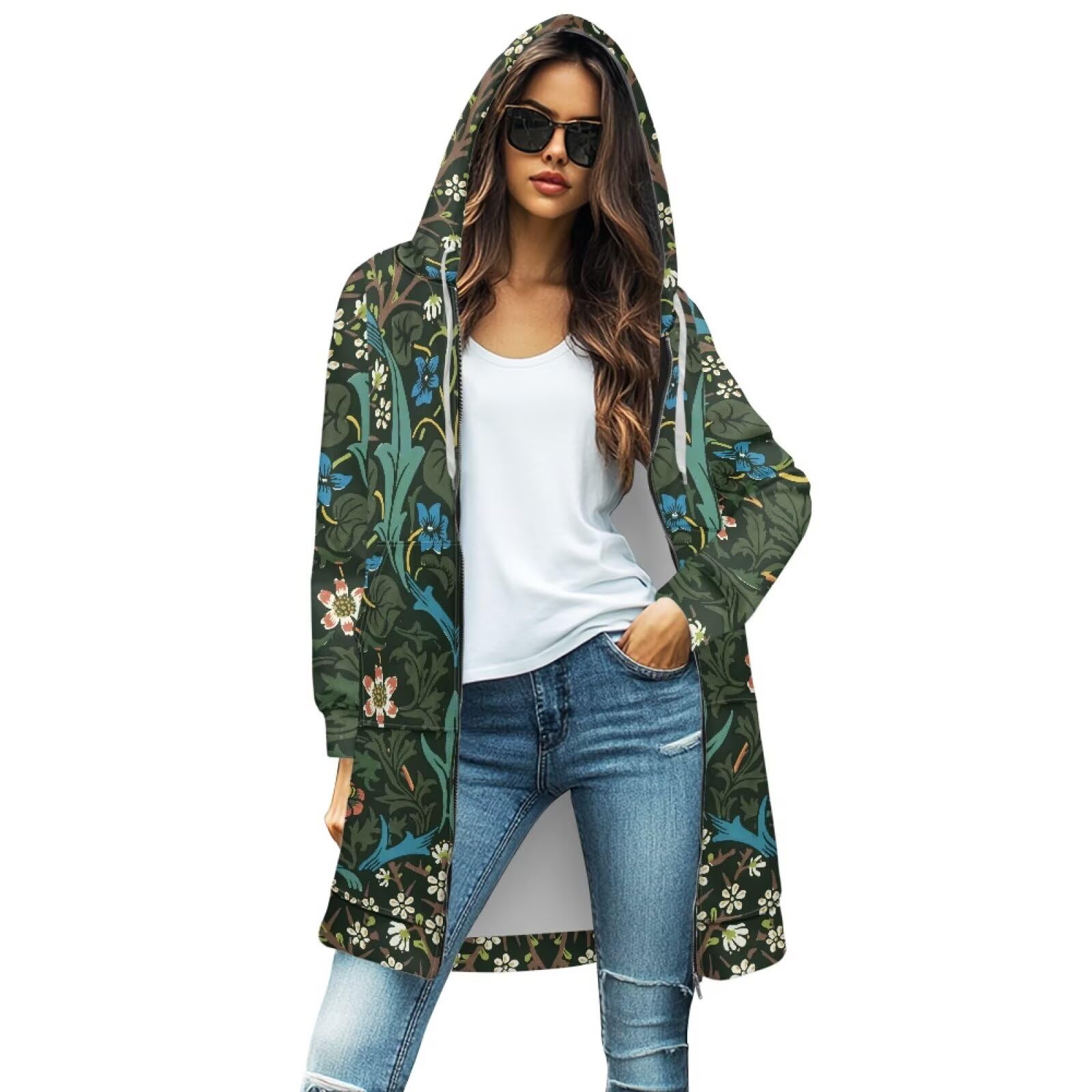 Womens Hooded Cardigan Sweaters Zipper Long Coatigan Jackets with Pockets Mid-Length Hooded Sweatshirt