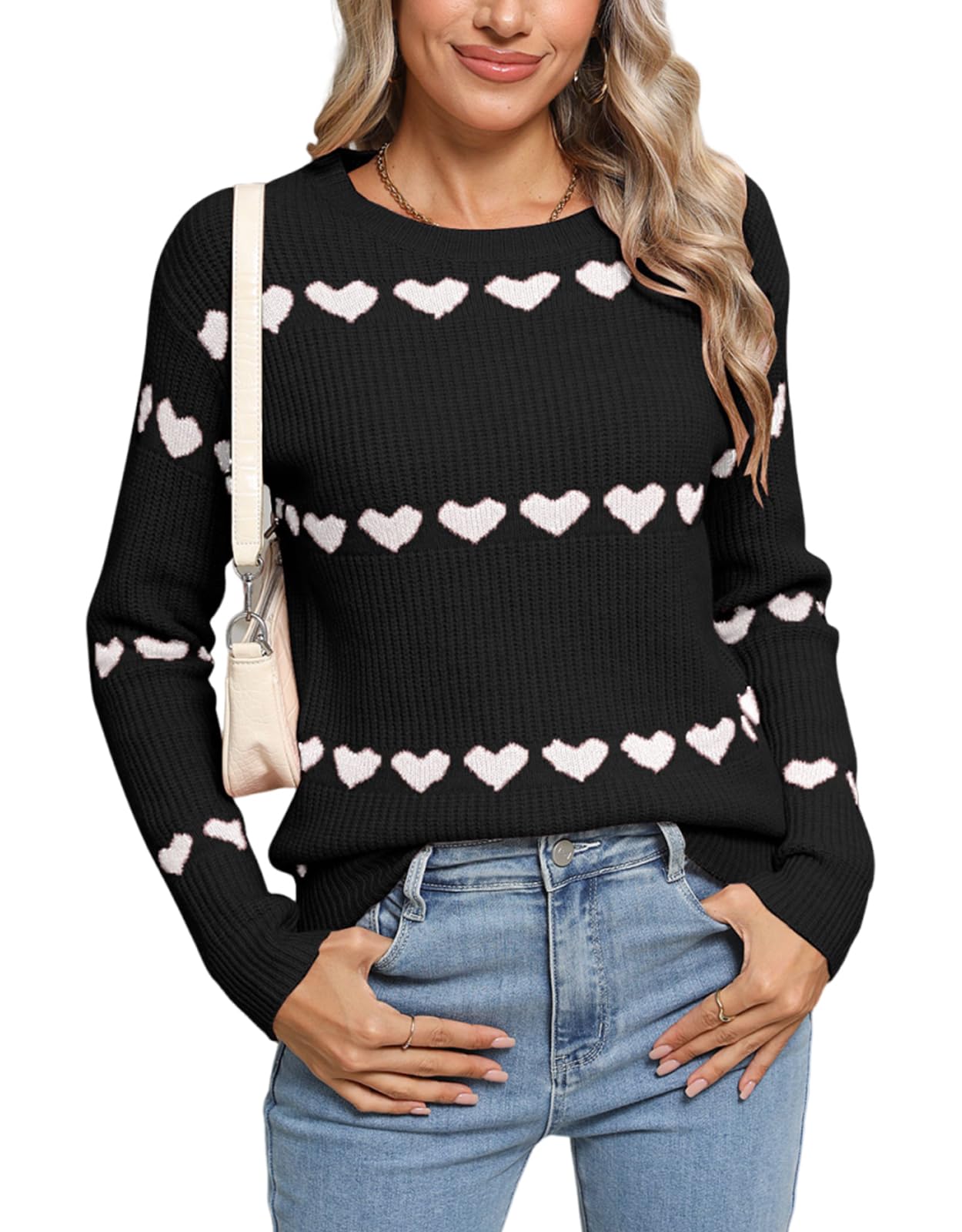 shermie Womens Long Sleeve Crew Neck Pullover Sweaters Loose Casual Multi-Hearts Knit Sweater