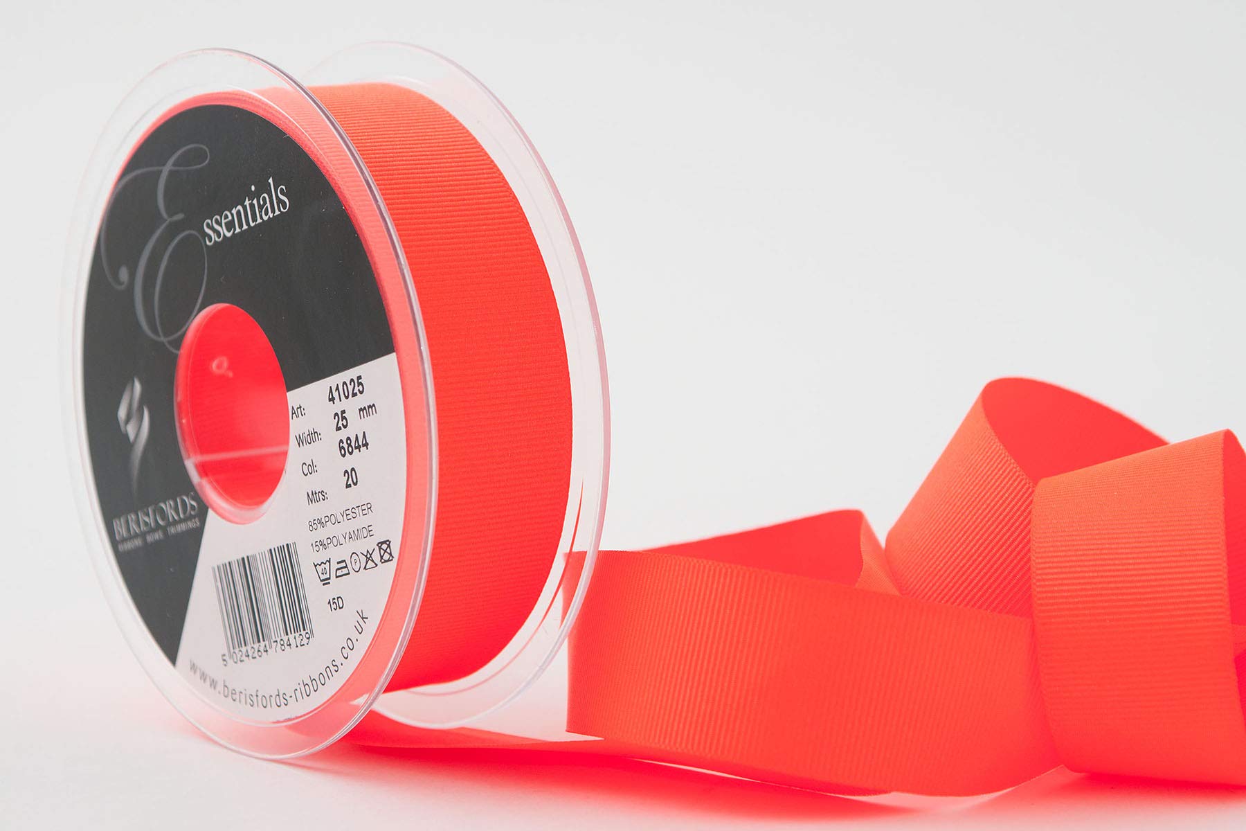 Berisfords Grosgrain Ribbon, Flo Orange, 25 mm, 25mm